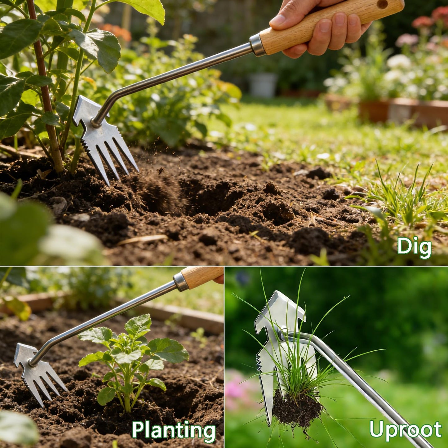 Doubleggs Weed Puller Tool, 2 Pack Garden Tools with 4 Teeth Weed Puller and Uprooting Weeding Tool for Garden, Patio, Lawn, Flower Beds and Sidewalk