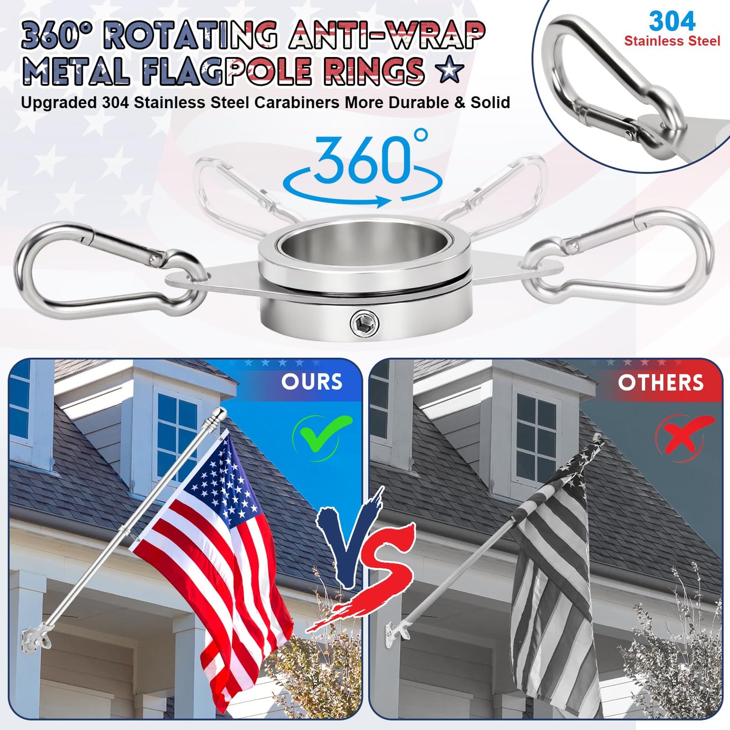 REERON Flag Pole for House, 6 FT Stainless Steel Spinning Flag Pole Kit, 1" Rustproof Porch Flagpole with 360° Tangle Free Metal Flagpole Rings & 2-Position Bracket for Outdoor Sport for 3x5 Flags