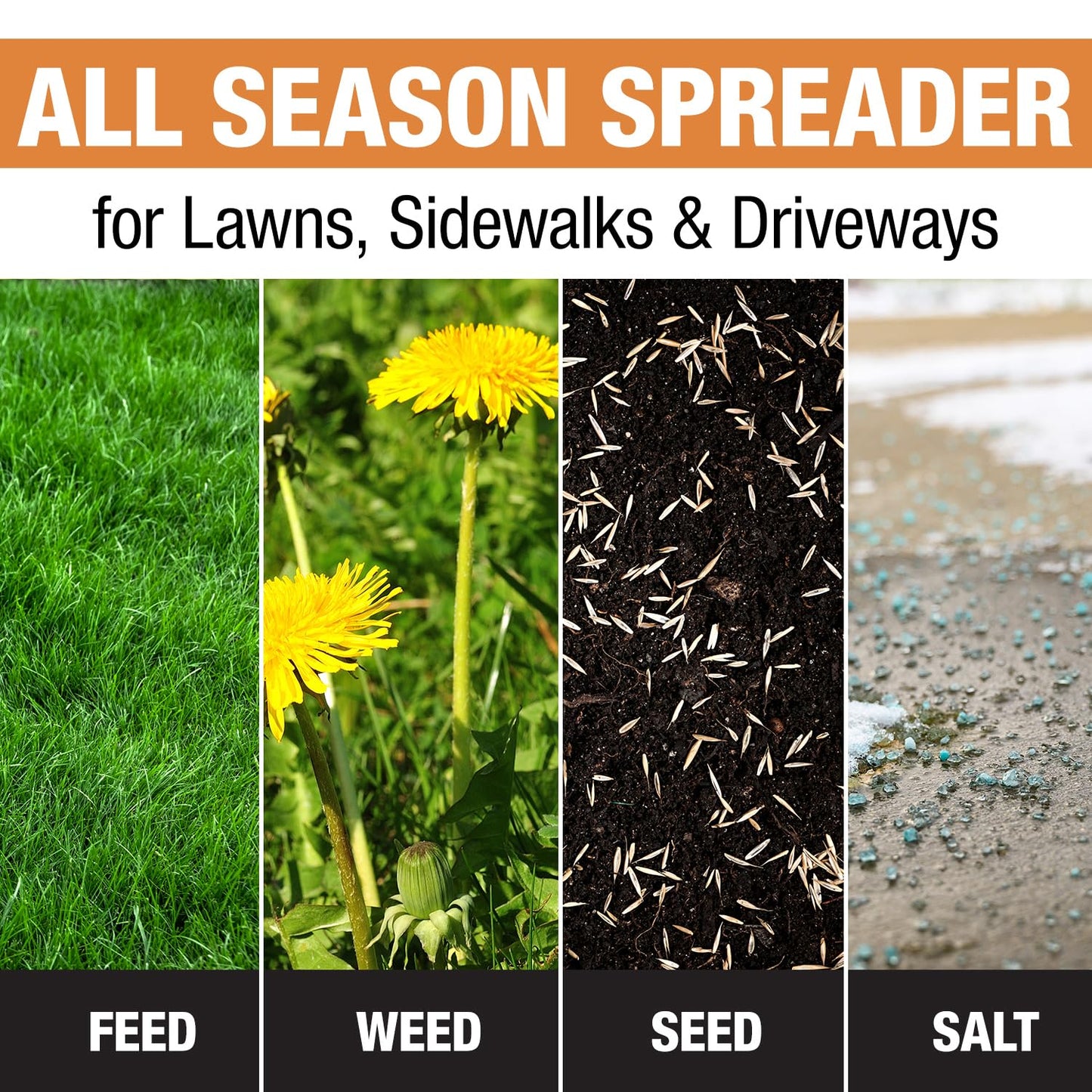 Buyers Products 3039632R Grounds Keeper All Season, Broadcast Walk Behind Push Spreader, 100lb Capacity, For Seed, Fertilizer, Winter Salt & Snow Melt, Included Grate & Cover With Enclosed Gearbox