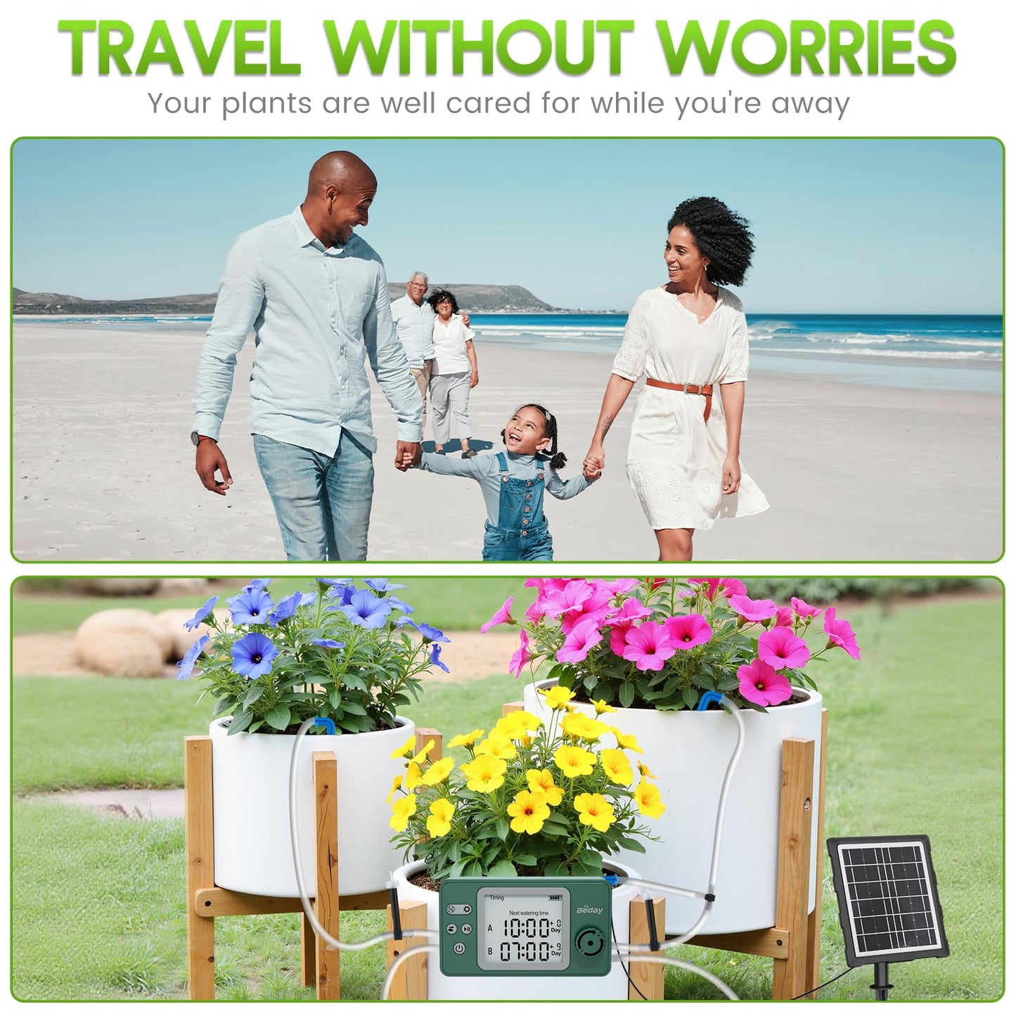 Solar Powered Dual Pump Drip Irrigation Kit for Outdoor Indoor Plants, 2-Zone Smart Self-Watering System with USB Charging, Automatic Plant Waterer for Garden Patio Balcony Vacation