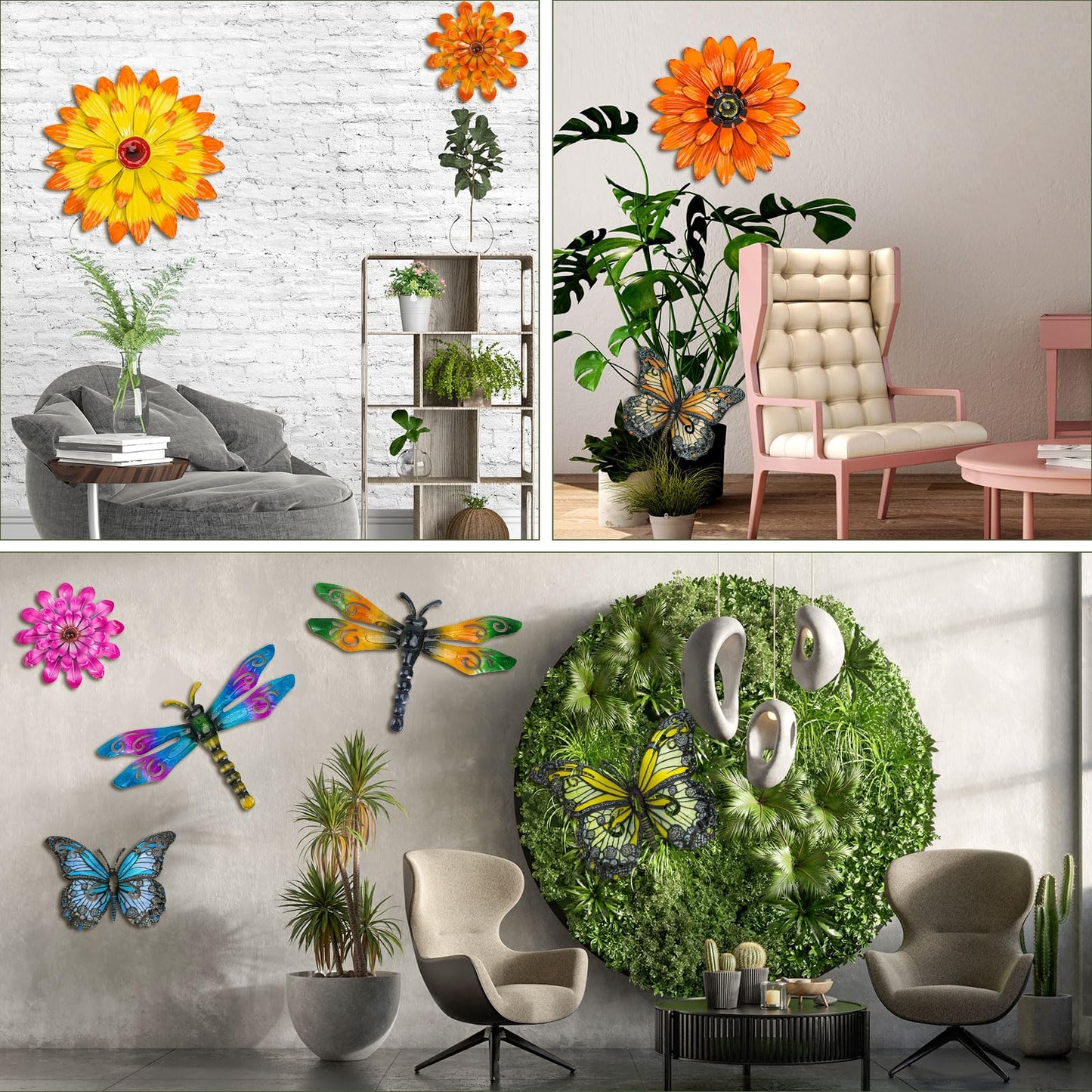 Orgthin 9 Pack 9.9" Metal Butterfly Dragonfly Flower Wall Decor, Fence Wall Art Decor, Hanging Decoration for Garden Yard Living Room Bedroom Patio Balcony