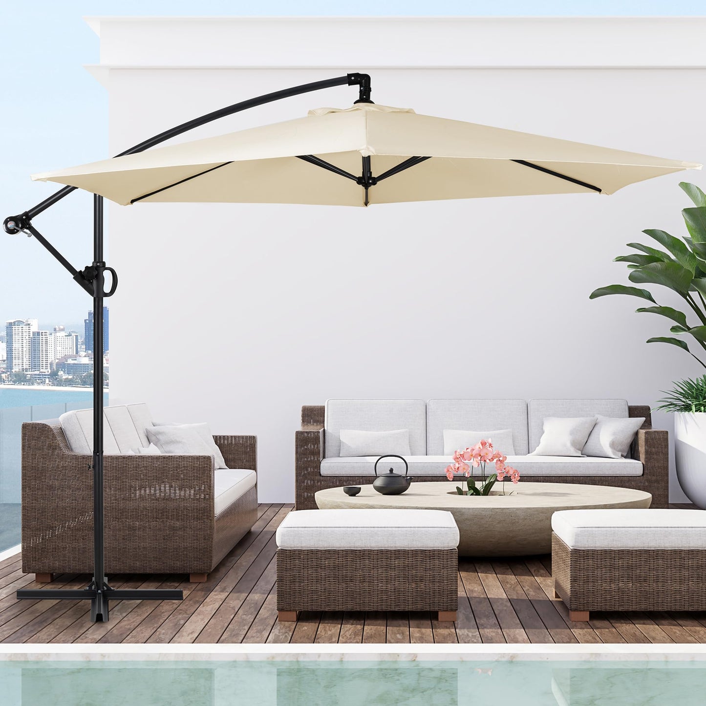 Cantilever Umbrella Patio Outdoor, Offset Hanging Patio Umbrella with Easy Lift & Tilt Adjustment, Crank and Cross Base, UV Protection Fade Resistant for Deck, Pool, Garden, Cream White