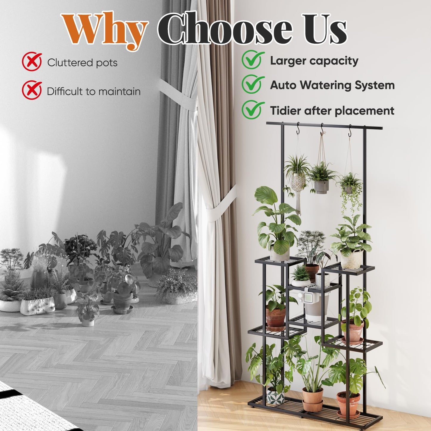 4 Tier Plant Stand with Automatic Drip Watering System, Indoor Outdoor Metal Plant Shelf with Hanging Rod, Holds 12 Pots, Space Saving Plant Display & Organizer