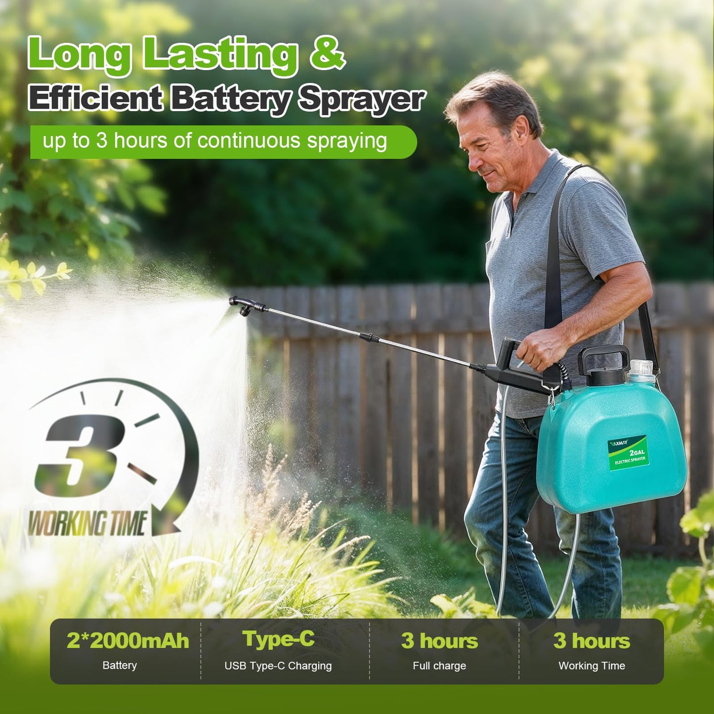 VAXMAY Battery Powered Sprayer 2 Gallon, Upgrade Electric Garden Sprayer with 3 Adjustable Speed, Battery Indicator, 4 Mist Nozzles, Rechargeable Handle, Retractable Wand, Shoulder Strap for Weed Lawn