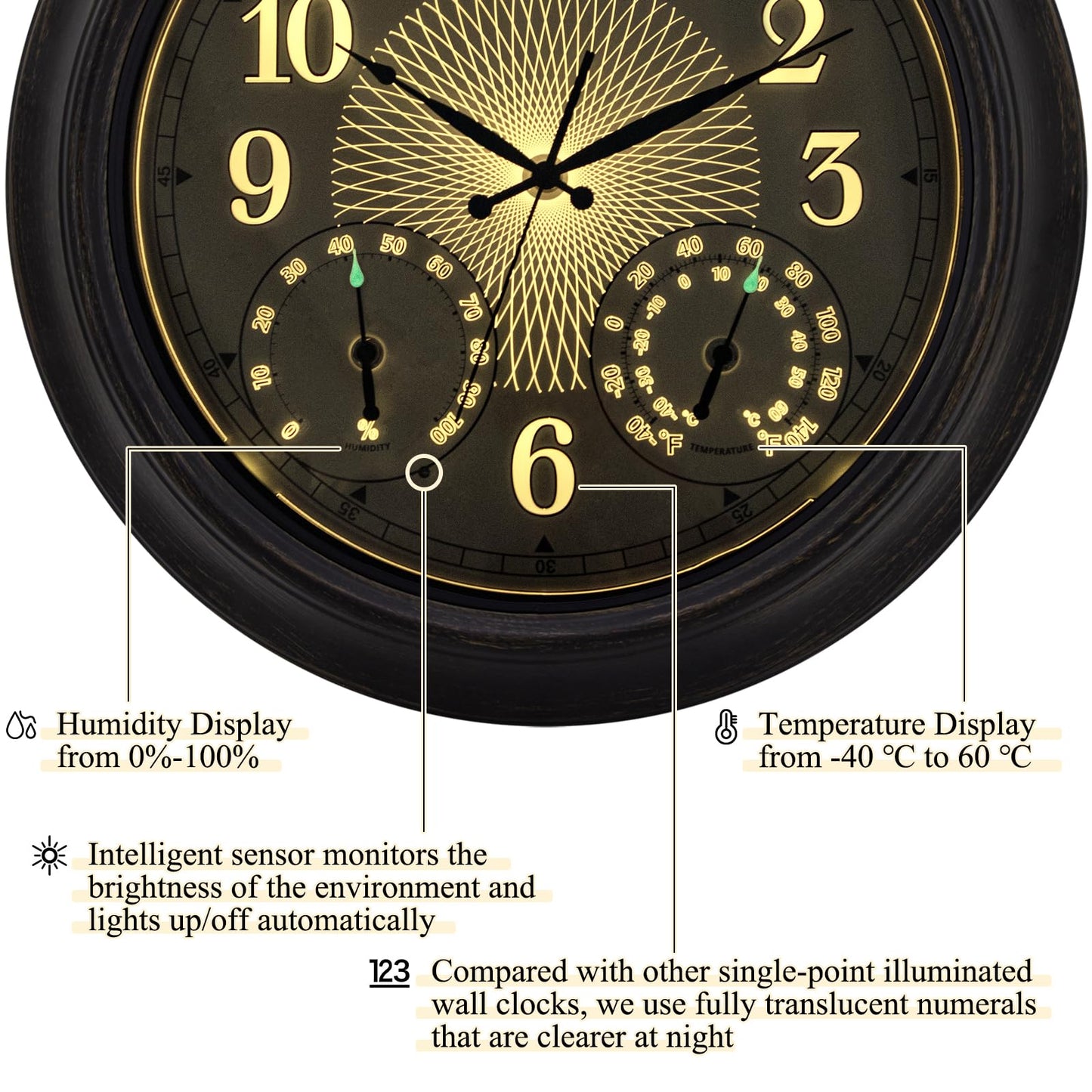 NESIFEE 18 Inch Illuminated Indoor Outdoor Clock Waterproof with Thermometer Hygrometer Smart Sensor Large Black Metal Wall Clocks Battery Operated for Patio, Garden, Living Room, Bedroom, Pool, Porch