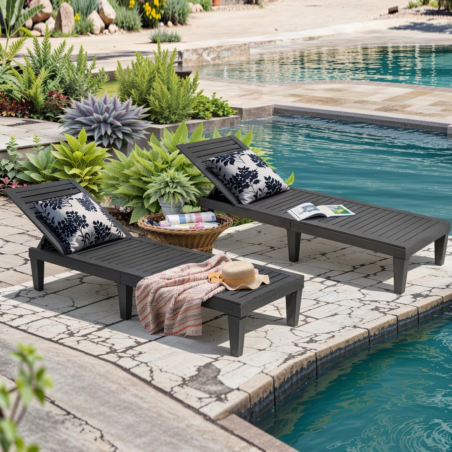NBYSGO Outdoor Chaise Lounge Chairs Set of 4, 5-Position Adjustable Heavy Duty Tanning Loungers with Wood Texture, All-Weather Resin Patio Recliners for Pool, Garden, Deck, Beach, Black