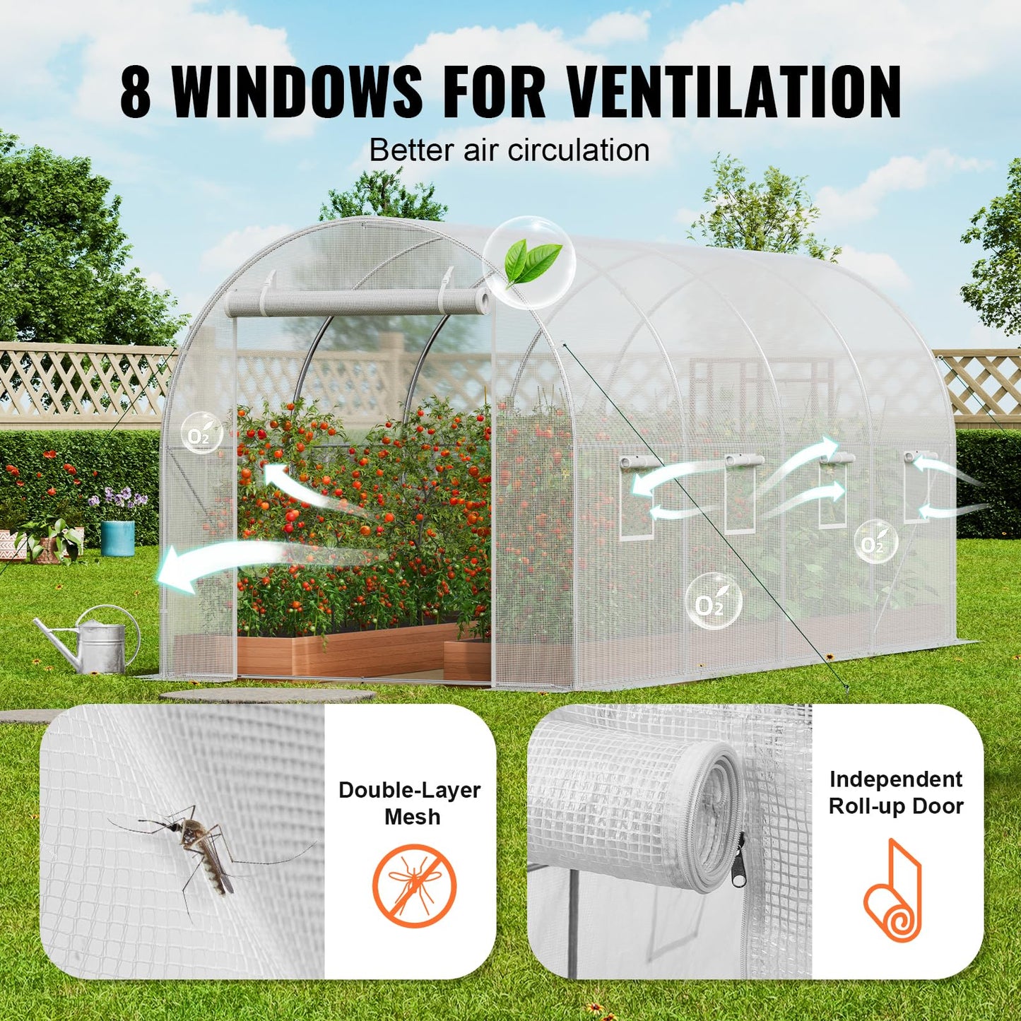 VEVOR Walk-in Tunnel Greenhouse, 14.6x6.4x6.3 ft Hoop House Greenhouse Tunnel, Plant Hot House with Galvanized Steel Frame, White PE Cover, Roll-up Zipper Door and 8 Windows for Outdoor