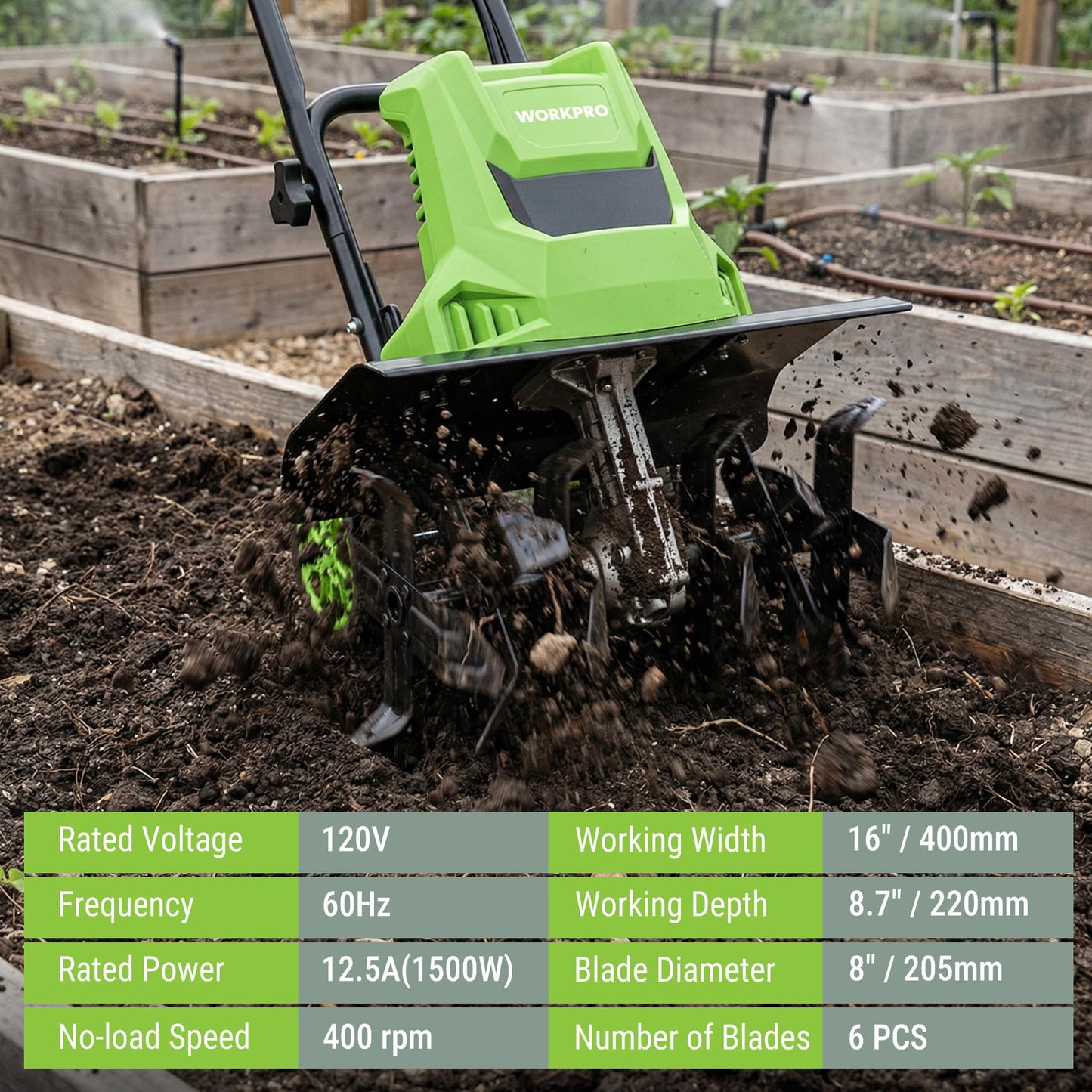WORKPRO 12.5 Amp Electric Garden Tiller & Cultivator, 16" Tilling Width & 8.7" Depth, 6 Steel Tines, 4-Position Adjustable Wheels, Safety Switch, Corded Rototiller for Garden, Lawn & Flower Beds