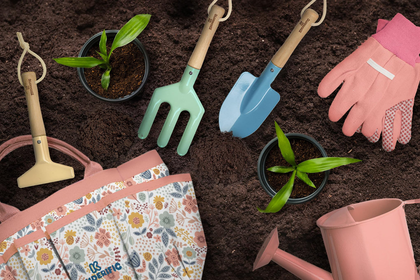 Gardening Set, Tool Kit, for Kids, STEM, Includes Tote Bag, Spade, Watering Can, Rake, Fork, Trowel and Gloves (Petal)
