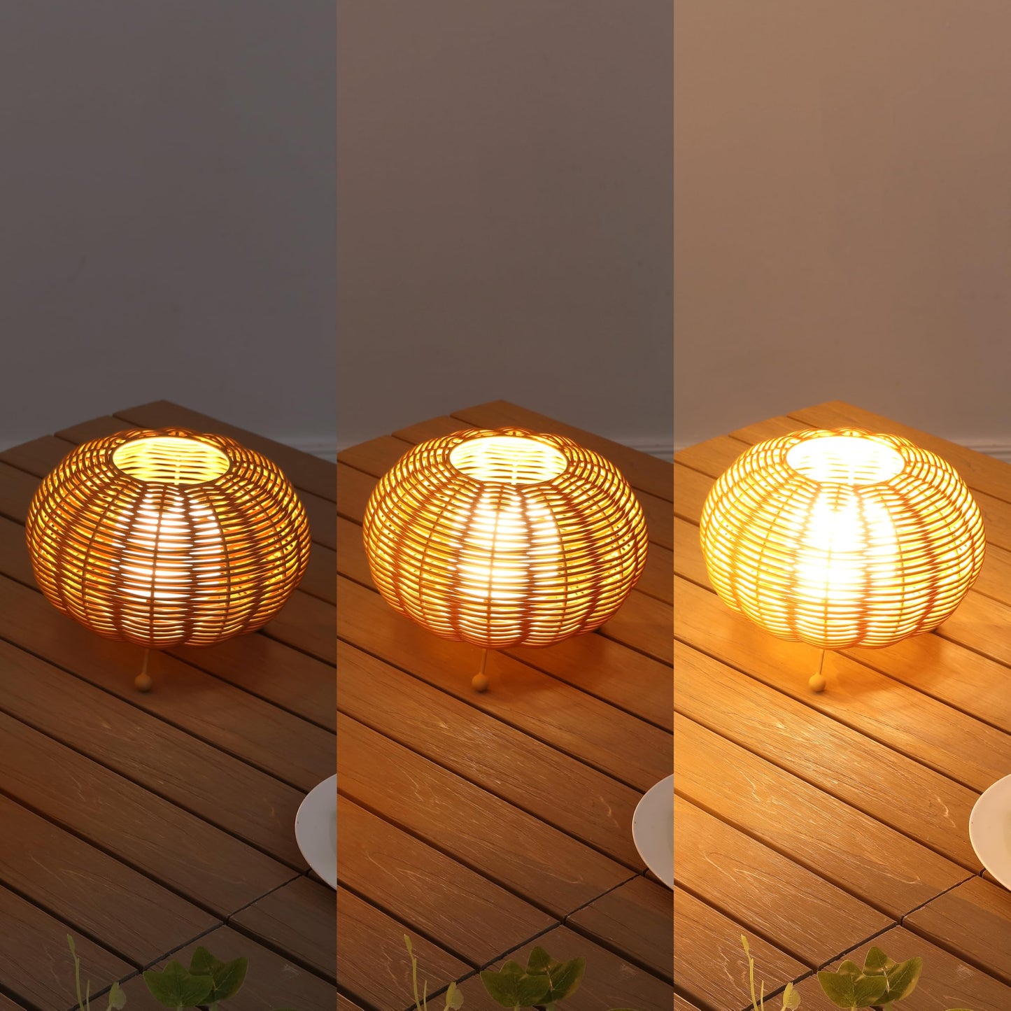 JONATHAN Y 5.75" Light Brown Modern Bohemian Indoor/Outdoor Faux Rattan Lantern Table Lamp Set of 2, Rechargeable Cordless Dimmable Integrated LED for Deck, Patio, Porch JYL7156A-SET2