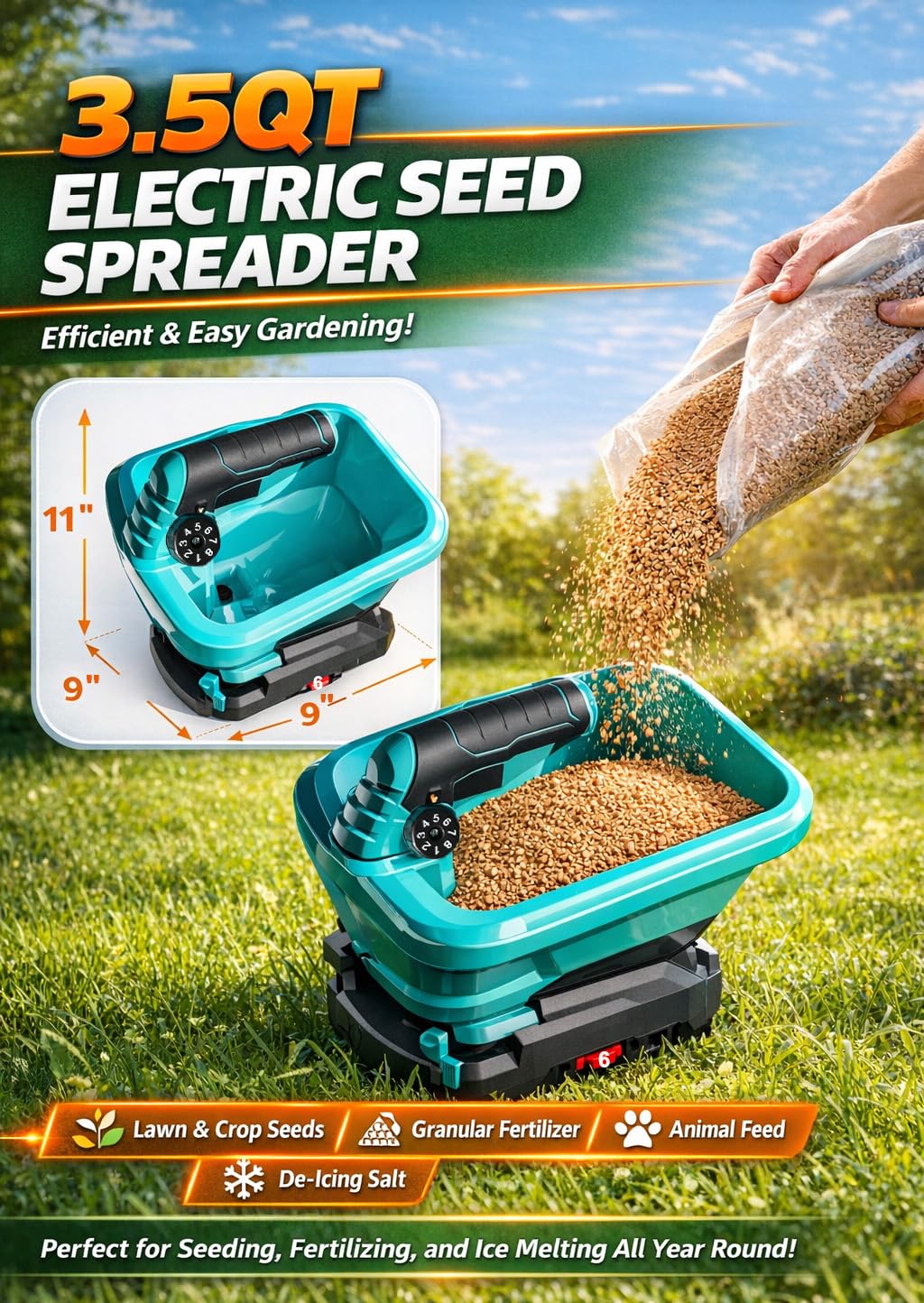 Fertilizer Spreader - 3.5Qt Electric Handheld Grass Seed Spreaders for Lawns with 21V 2x2Ah Batteries, Brushless Motor, 6 Speed & 8 Size Adjustable 125° Spread Angle, 16ft Spread Width, 8600 Sq.ft