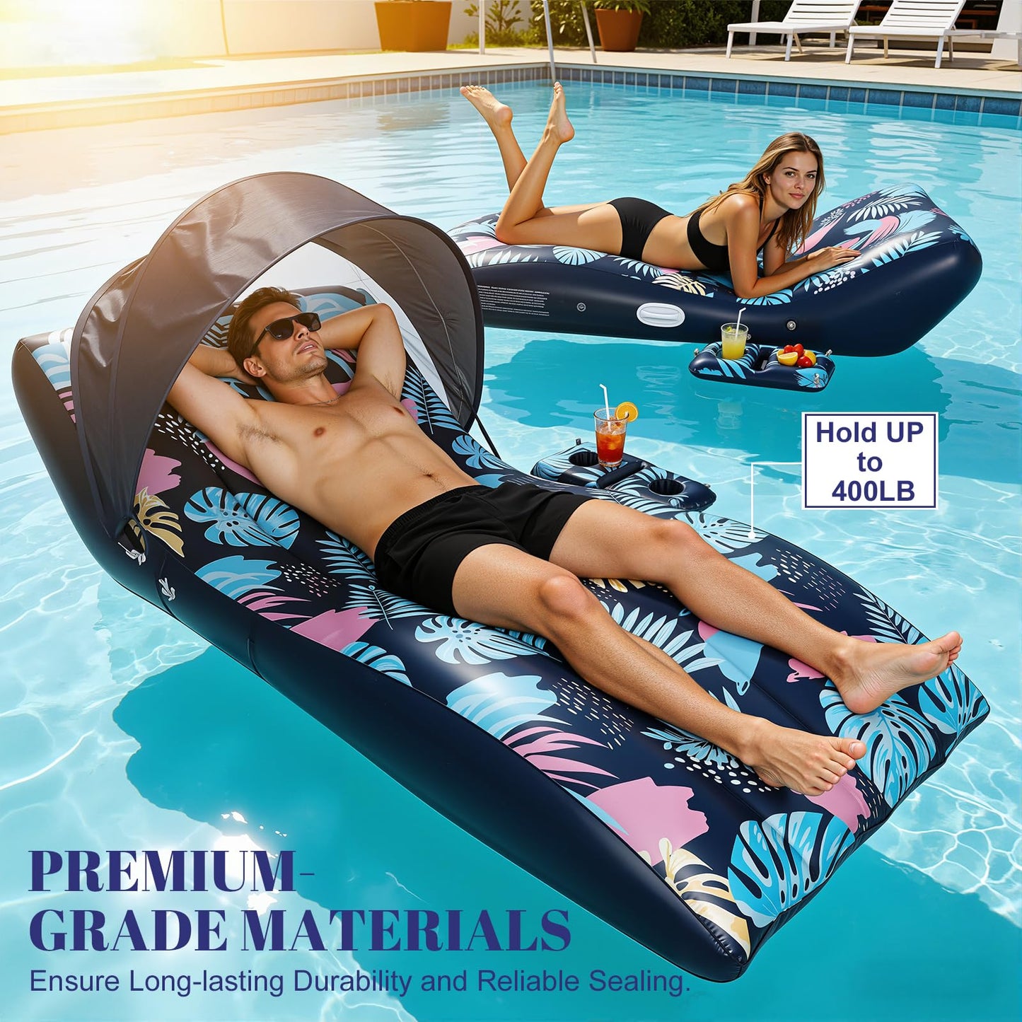 Deyhoc Pool Floats Lounger with UPF50+ Canopy Adjustable, Inflatable Large Floating Chair Ergonomic Design, with Cup Holders, Perfect for Swimming Pool, Beach, Lake, Party - Dark Blue