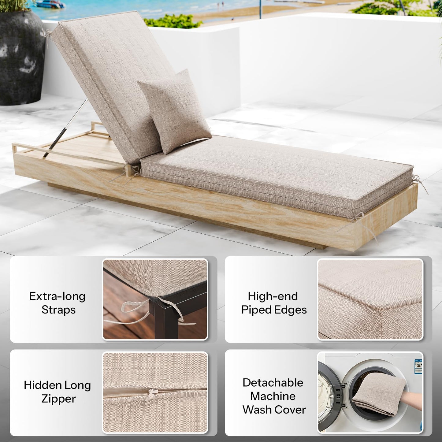 Chaise Lounge Cushions Outdoor Set of 2, Olefin Waterproof and Fade Resistant Patio Furniture Lounge Chair Cushions with Removable Cover, Lounger Pad with Handle & 16 Strap, 80x26x3 Inch, Light Beige