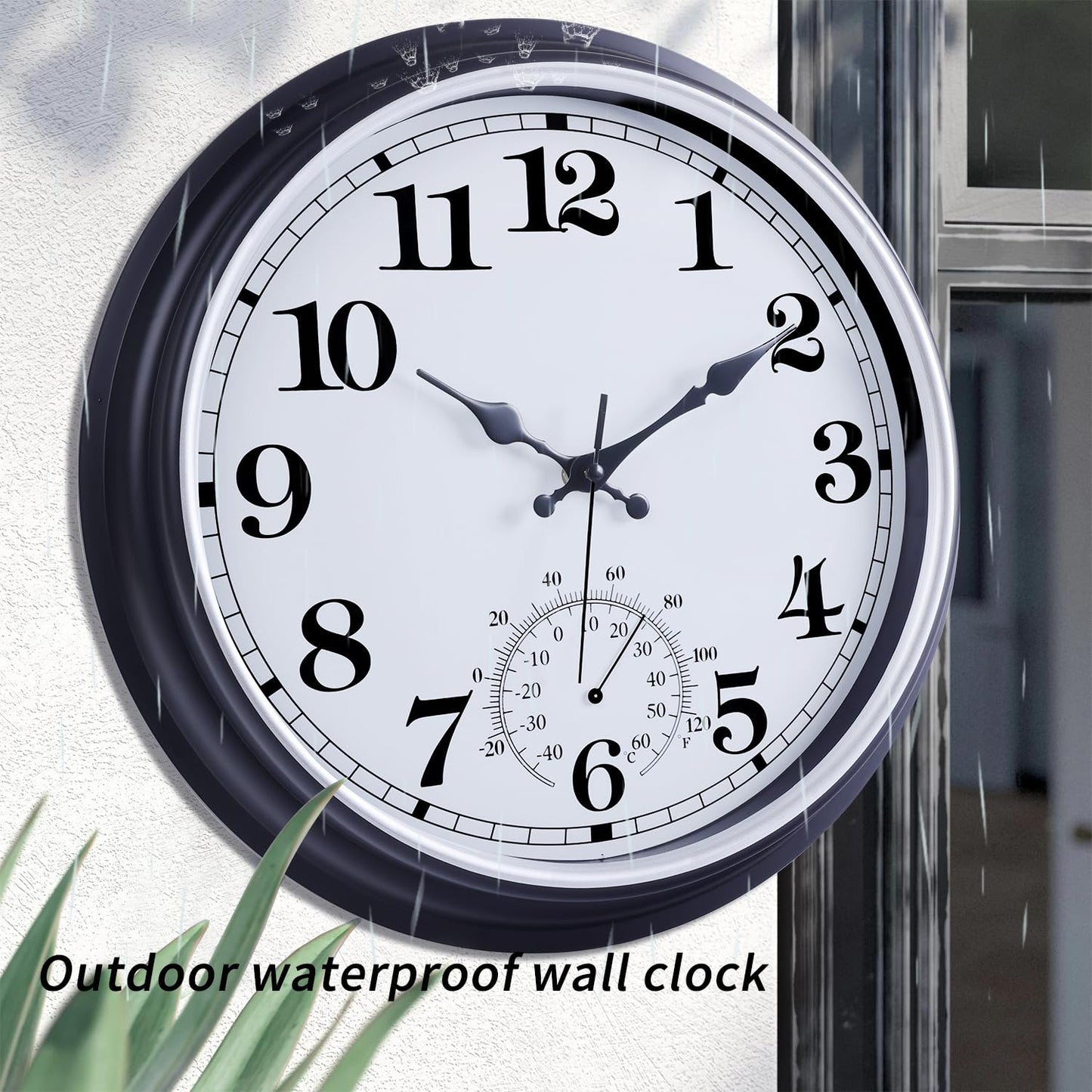 16 Inch Large Outdoor Clock, Retro Waterproof Indoor/Outdoor Clock Non-Ticking Clock with Thermometer, Battery Operated Wall Clock for Patio, Garden, Pool - Black