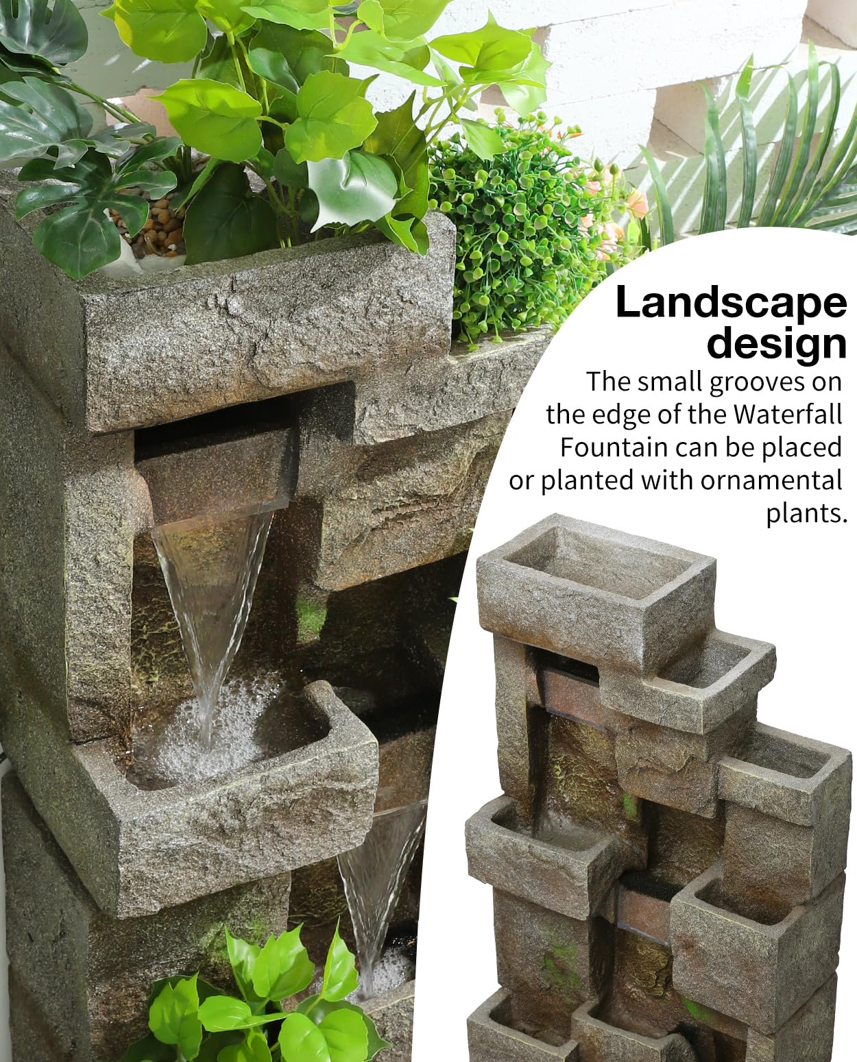 LOTCAIN 48.6" Water Fountain Outdoor Floor-Standing Garden Fountains with LED Lights 3 Tier Modern Waterfall Fountain Decor Rock Fountain for Patio Garden Yard Backyard Porch Home Art Decor, Yellow