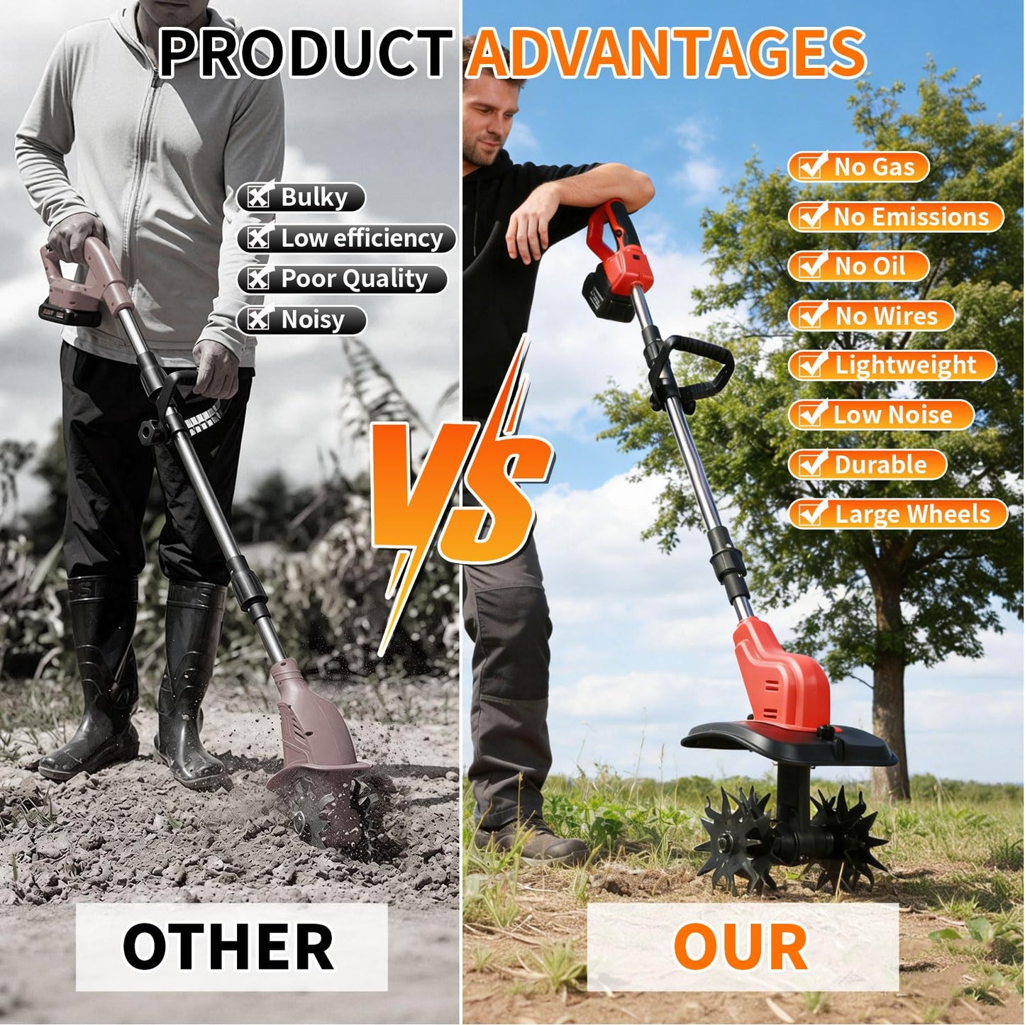 Cordless Electric Tiller for Gardening, Garden Tiller, Cordless Cultivator, Rototiller, 800W Brushless Motor w/ 2X 6.0Ah Batteries, 9" Tilling Width & 6.6" Depth, 360 RPM, 4 Steel Blades, Hand Tiller