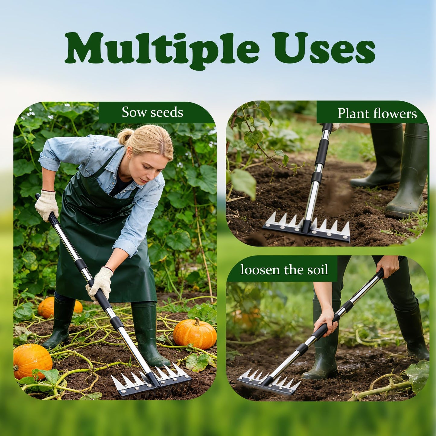 SXIDPDA Stainless Steel Weeding Tool, Thickened Version 8 Tines Weeder Rake, Weed Puller Tool with Long Handle, for Removing Weeds, Loosening Soil, Cleaning Flower Beds, Pine Needles & Lawn Prep
