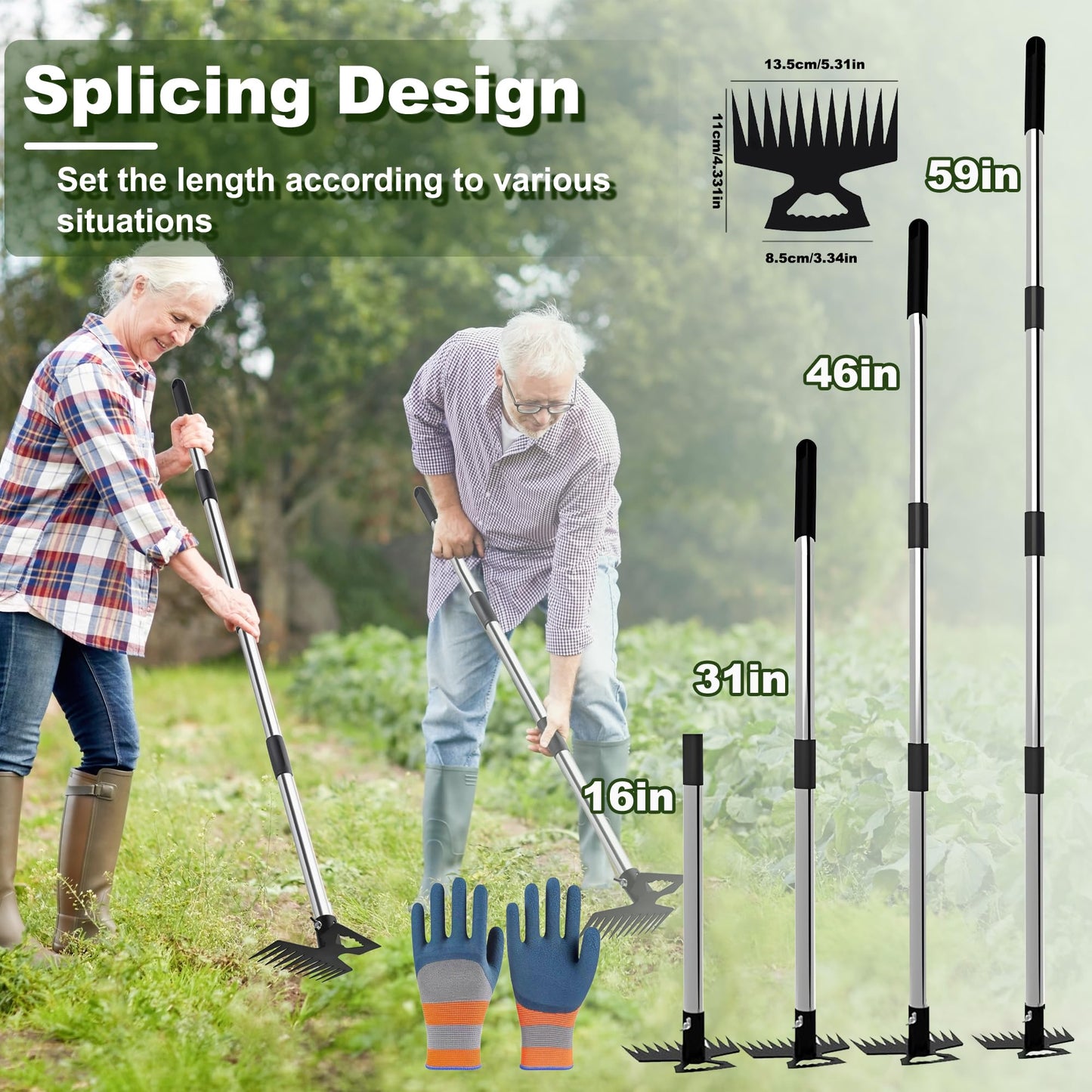 Weed Puller Tool with Long Handle, 60" Manual Weeder Remover Tool, 2 in 1 11-Tine Heavy Duty Manual Weed Rake and Garden Hoe, Weeding Tools for Yard, Lawn, Patio, Garden