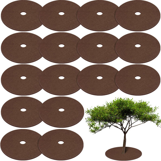 Shimeyao 16 Pcs 32.2 Inch Non Woven Tree Mulch Ring Round Tree Weed Barrier Mat Reusable Landscape Protector Base Barrier Fabric for Weed Root Protection (Coffee)