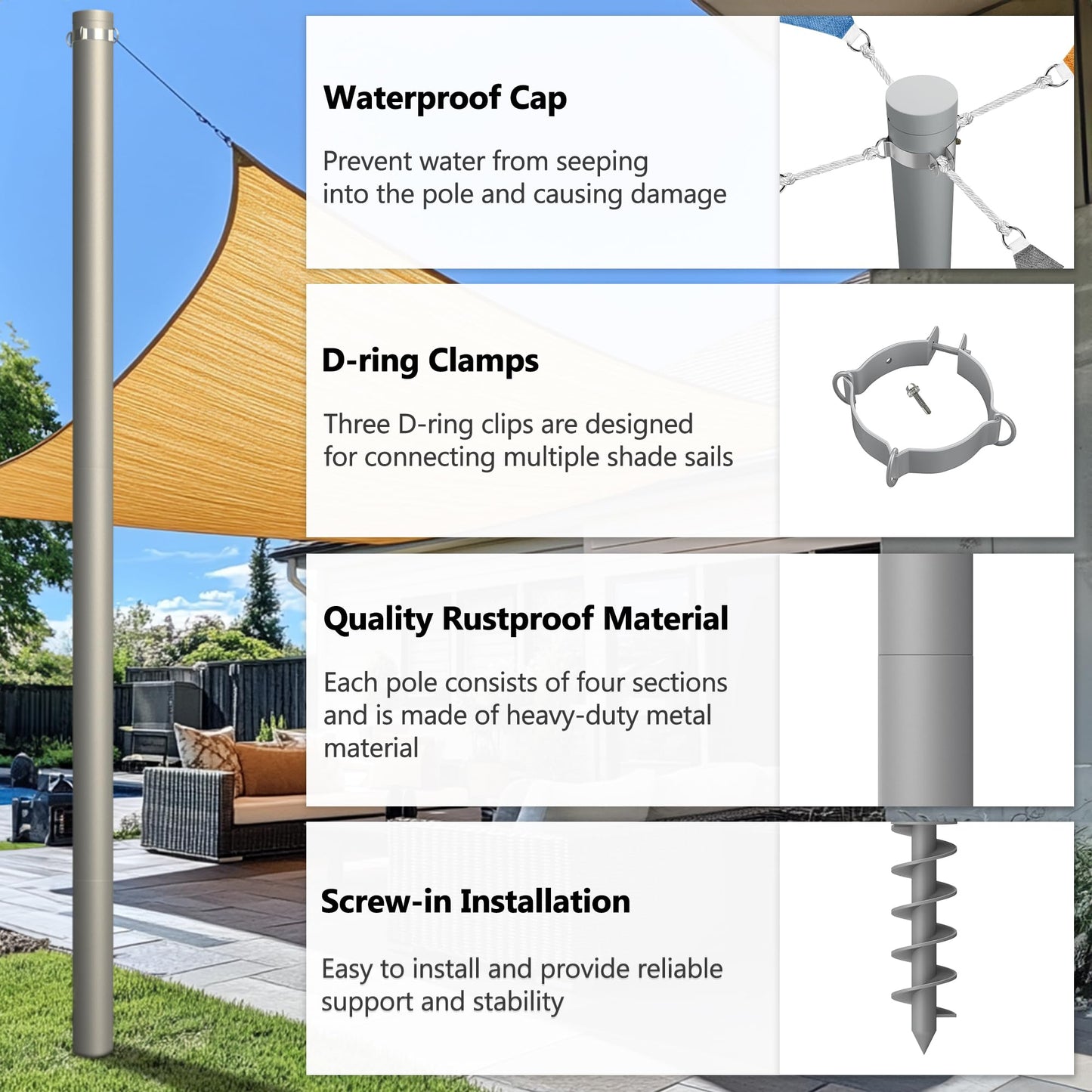 Yakmax Shade Sail Poles, Heavy Duty Sun Shade Poles, Screw in Poles for Sun Shades Outdoor, 12 Ft Sun Shade Sail Poles with D-Clamps, 2.28" Sun Shade Pole Kit for Ground Soil Backyard, 2 Packs