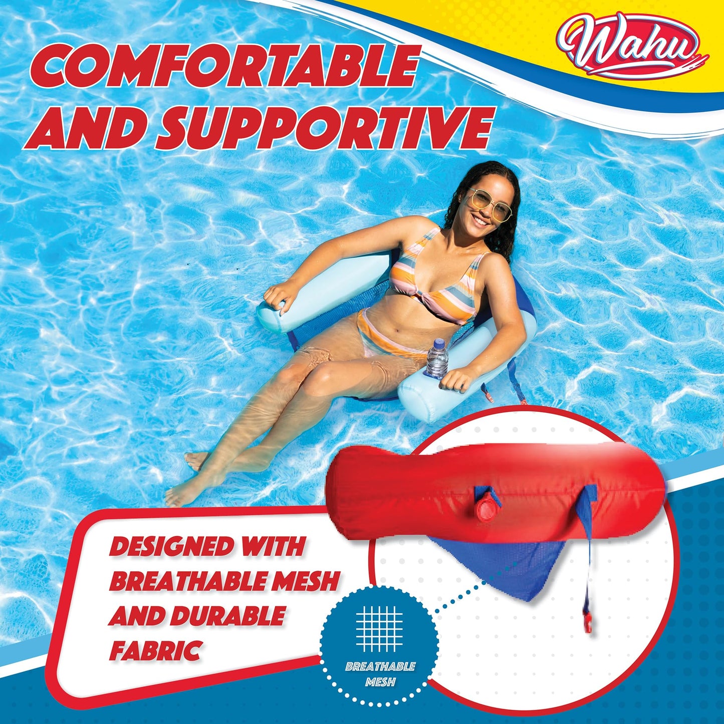 WAHU Float Connex Aqua Pool Seat with Connex Clips, Cupholder, and Inflate Valve, Inflatable Pool Float Chair for Adults and Kids Ages 8+, Blue/Red