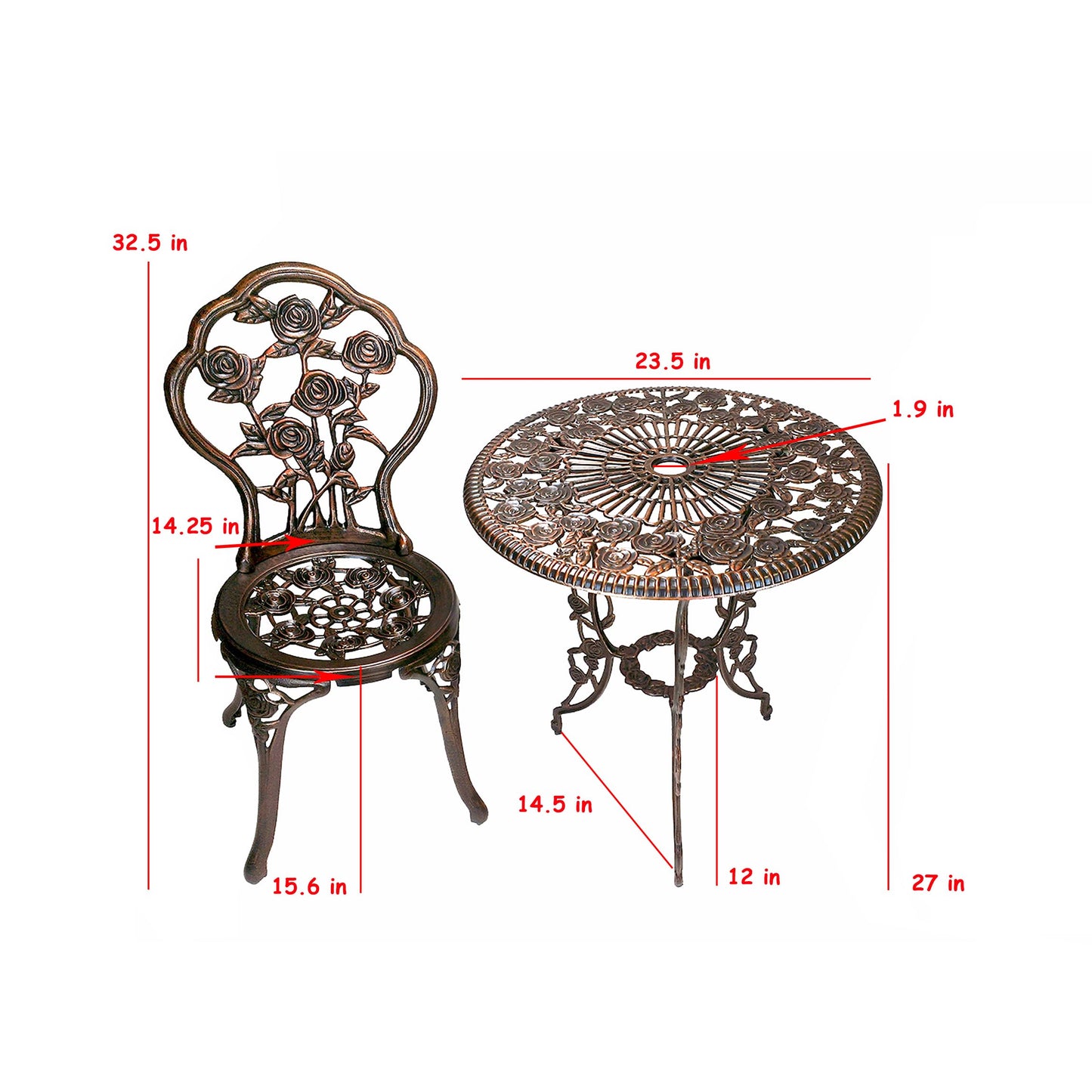 Oakland Living 3-Piece Rose Bistro Set with 23.5-Inch Cast aluminum Top Table