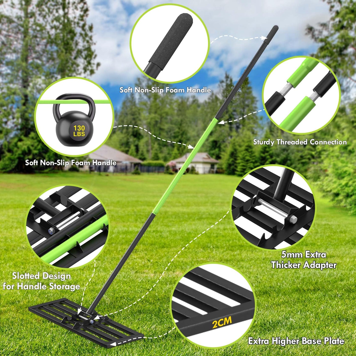 Seeutek Lawn Leveling Rake, 35” x 10” Lawn Leveler with 6.5FT Stainless Steel Handle Rakes for Lawns, 0-180° Adjustable Ground Leveler Tool for Yard, Level Soil Sand Dirt Surfaces
