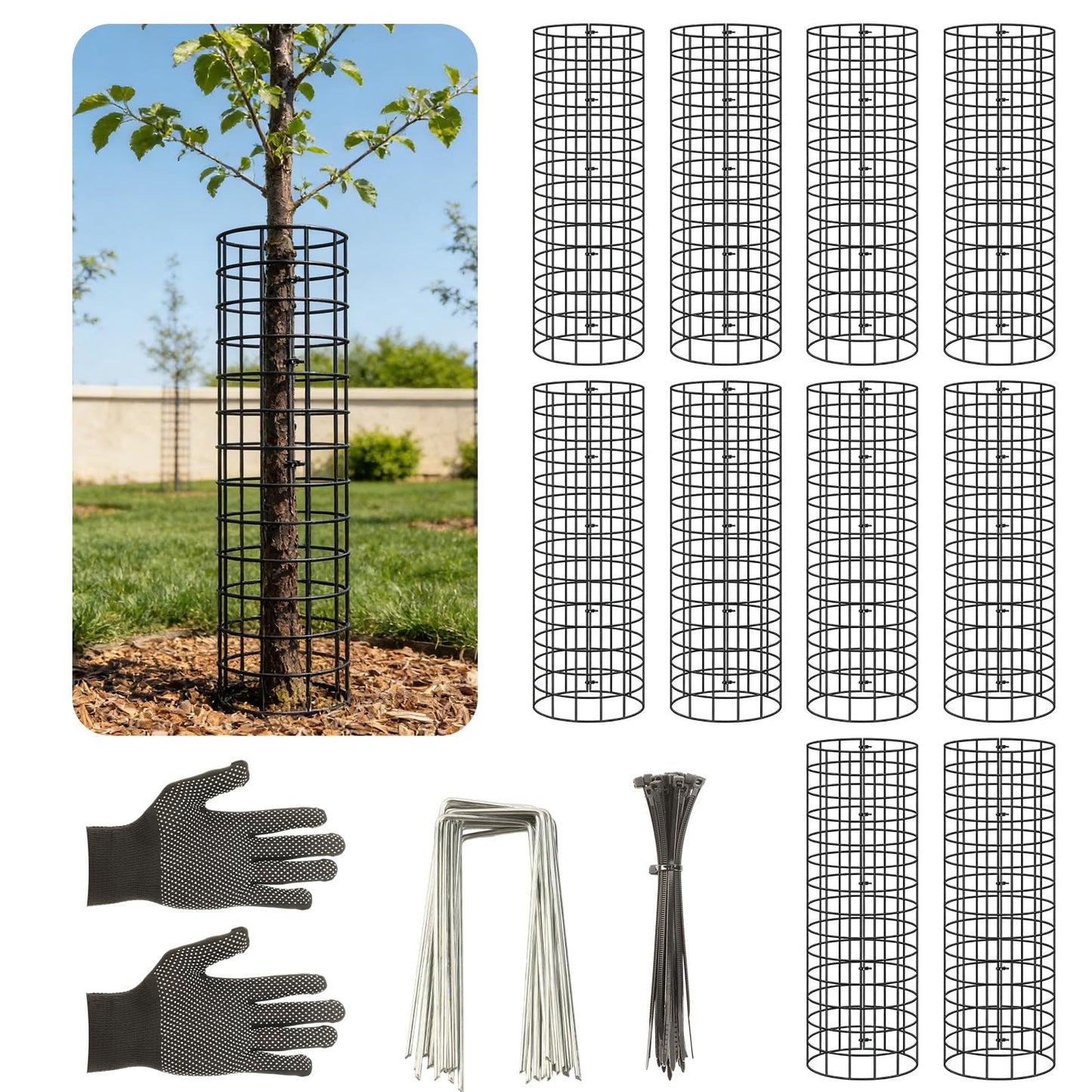 Augshy 10-Pack Tree Trunk Protectors, 17 Inch Height, 13 Inch Width, Expandable Metal Guard with 20 Ground Stakes 100 Ties for Ultimate Plant Bark Protection