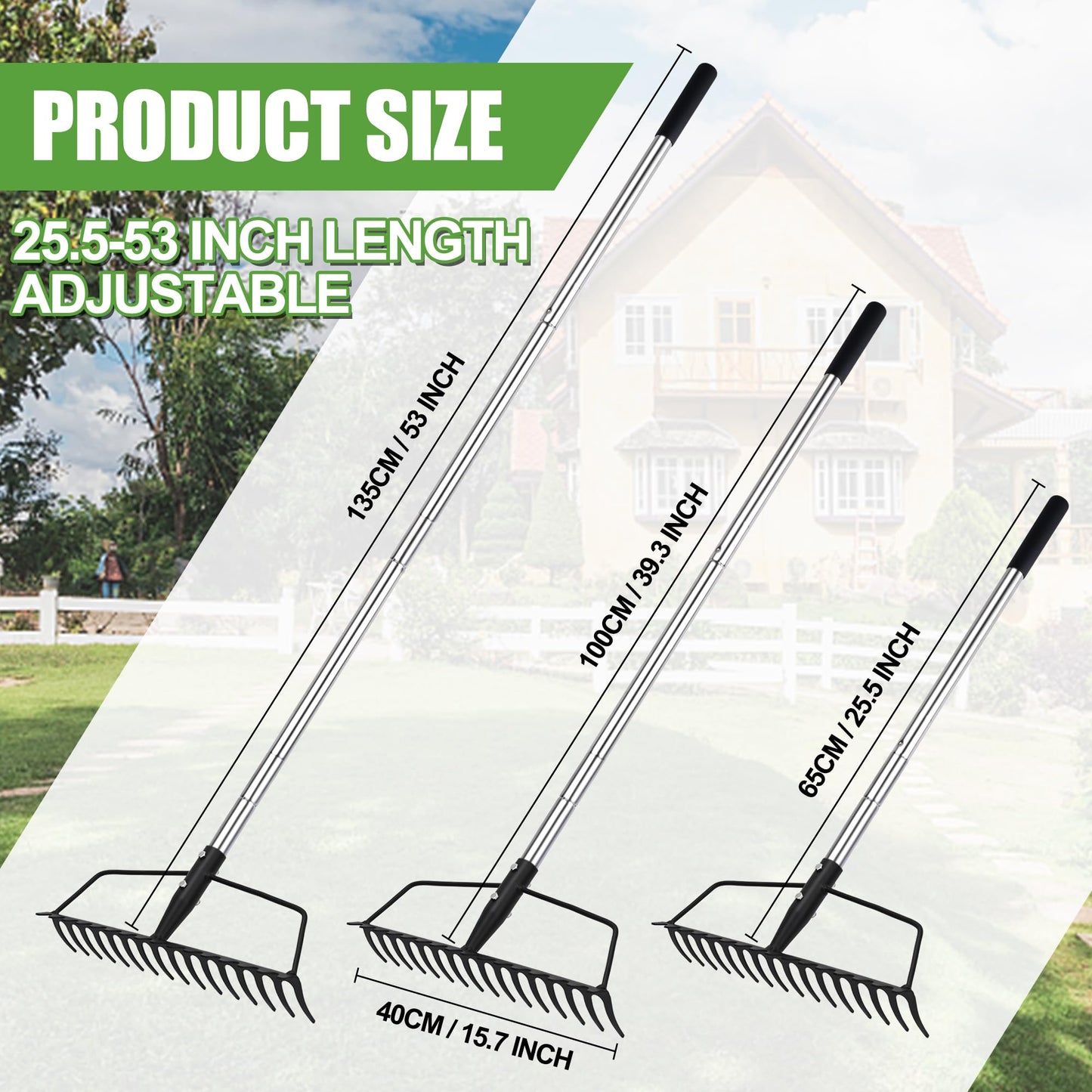 YEELOR Garden Rake, Heavy Duty 16-Tine Bow Rake with Adjustable Stainless Steel Handle, Metal Rake for Yard Work, Loosening Soil, Leveling Mulch, Gathering Leaves