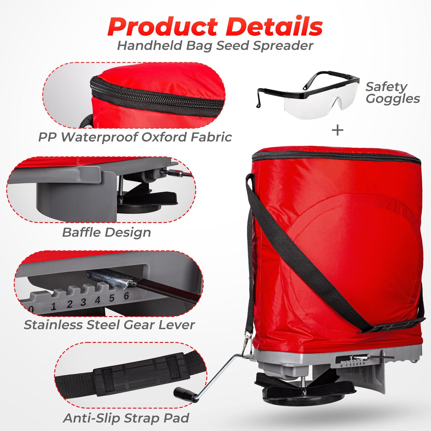 Walensee Handheld Seed Spreader with 25lb Bag, Frame Support, Flow Control, Enclosed Gears, Rear Baffle, Adjustable Strap & Goggles – Bag Seeder for Lawn and Garden, Red