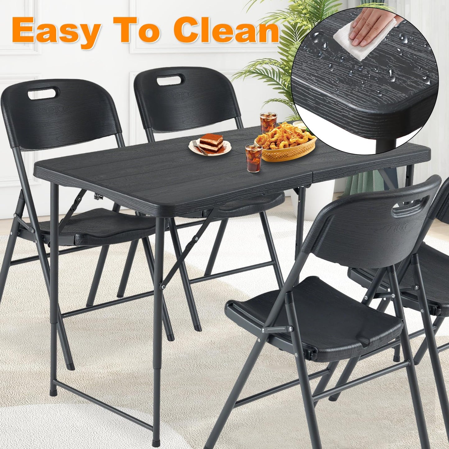 FROASISPRO 4ft Folding Table, Portable Fold-in-Half Adjustable Height Utility Table for Indoor/Outdoor Use, Durable HDPE & Steel, Stable & Lightweight, Multi-Purpose, Black Woodgrain