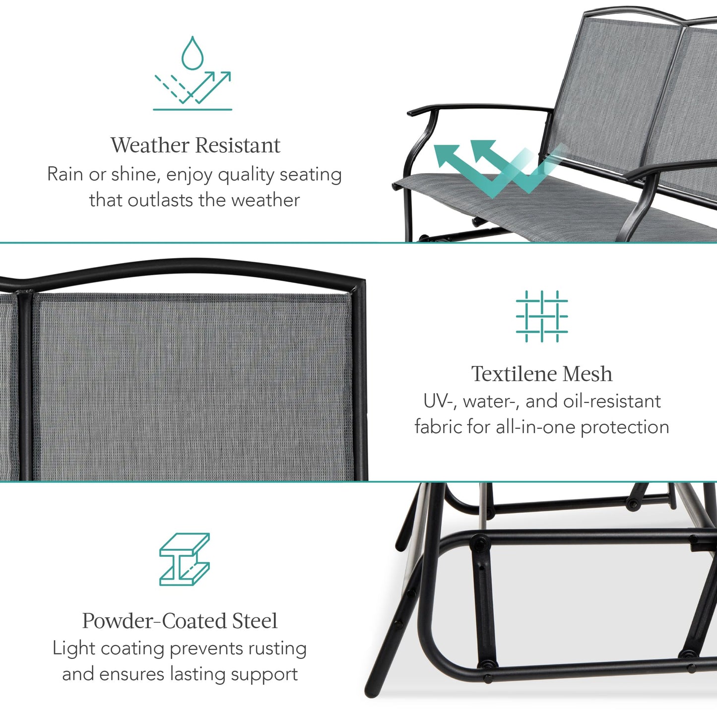 Best Choice Products 2-Person Outdoor Patio Swing Glider Steel Bench Loveseat Rocker for Deck, Porch w/Textilene Fabric, Steel Frame - Gray