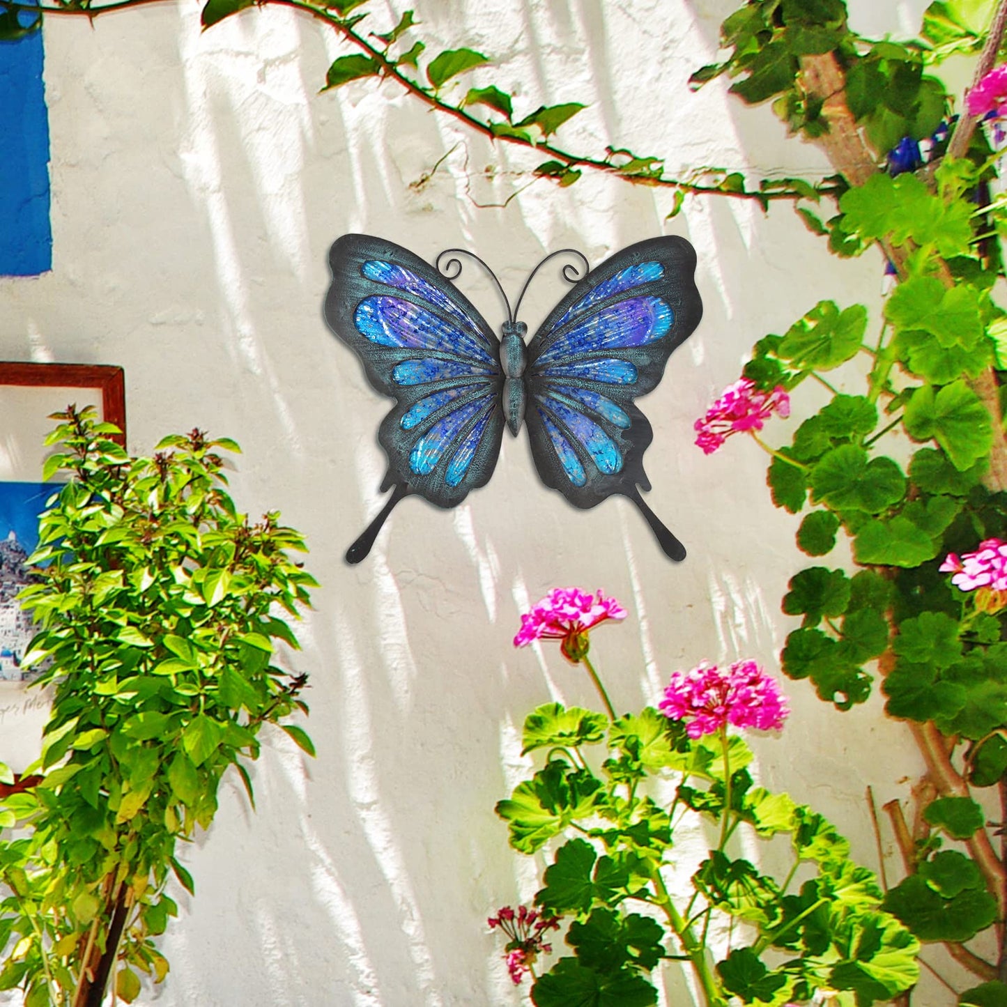 HONGLAND Metal Butterfly Wall Decor Outdoor Indoor Art Sculpture Hanging Glass Decorations Blue for Home Garden Bedroom (Blue)