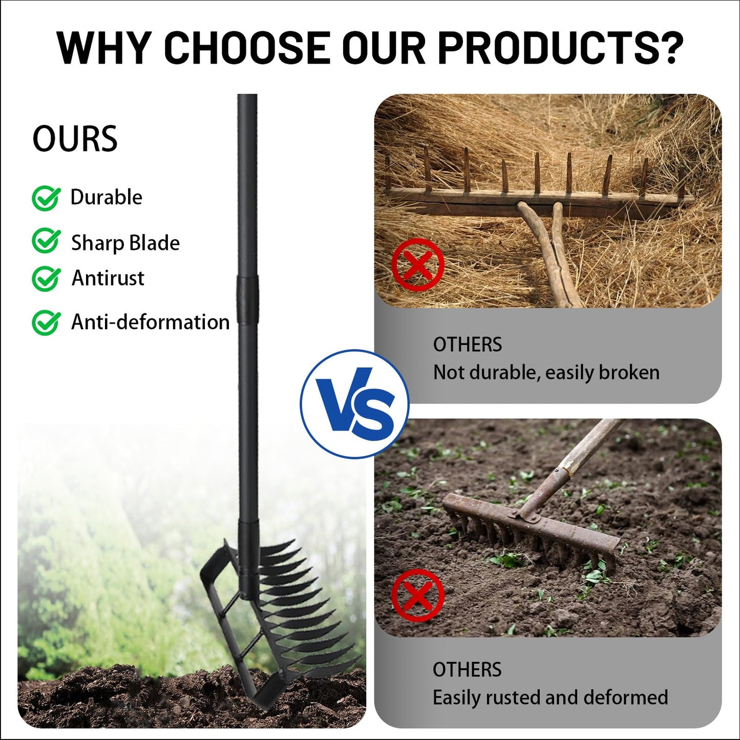 Garden Hoe Stirrup Hoe Weeding Tools, 2-in-1 Garden Hoe for Weeding with 76.8" Adjustable Handle, Heavy Duty Gardening Tools with 12 Tines for Weeding, Loosening, Digging and Cultivation