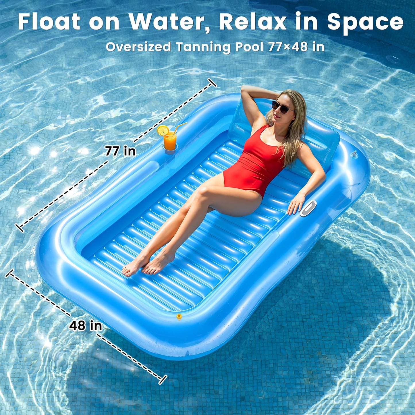 Inflatable Tanning Pool Lounger Float with Sprinkler, 77" x 48" XL Tanning Pool for Adults with Pillow & Cup Holder, 6 in 1 Suntan Tub Sunbathing Bed Pool Floats Adult for Backyard, Beach & Lake