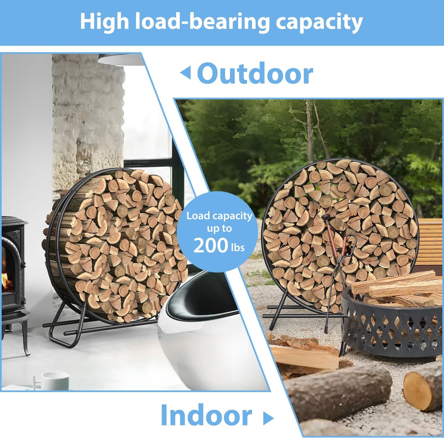 VAMFUTRE 48 Inch Metal Pipe Firewood Rack Circle - Black Steel Log Holder for Indoor and Outdoor Use,Firewood Storage Organizer for Fireplace, Patio, or Backyard (4 FT Diameter Rack)