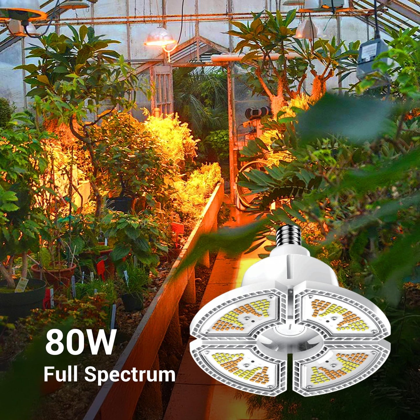 RDJ Bouns Grow Light Bulbs for Indoor Plants, 80W Large Full Spectrum 12791LM High PPFD, E26 Base Foldable Fast-Heat-Cnducting Aluminum Panel for Outdoor Greenhouse Waterproof Plant Light