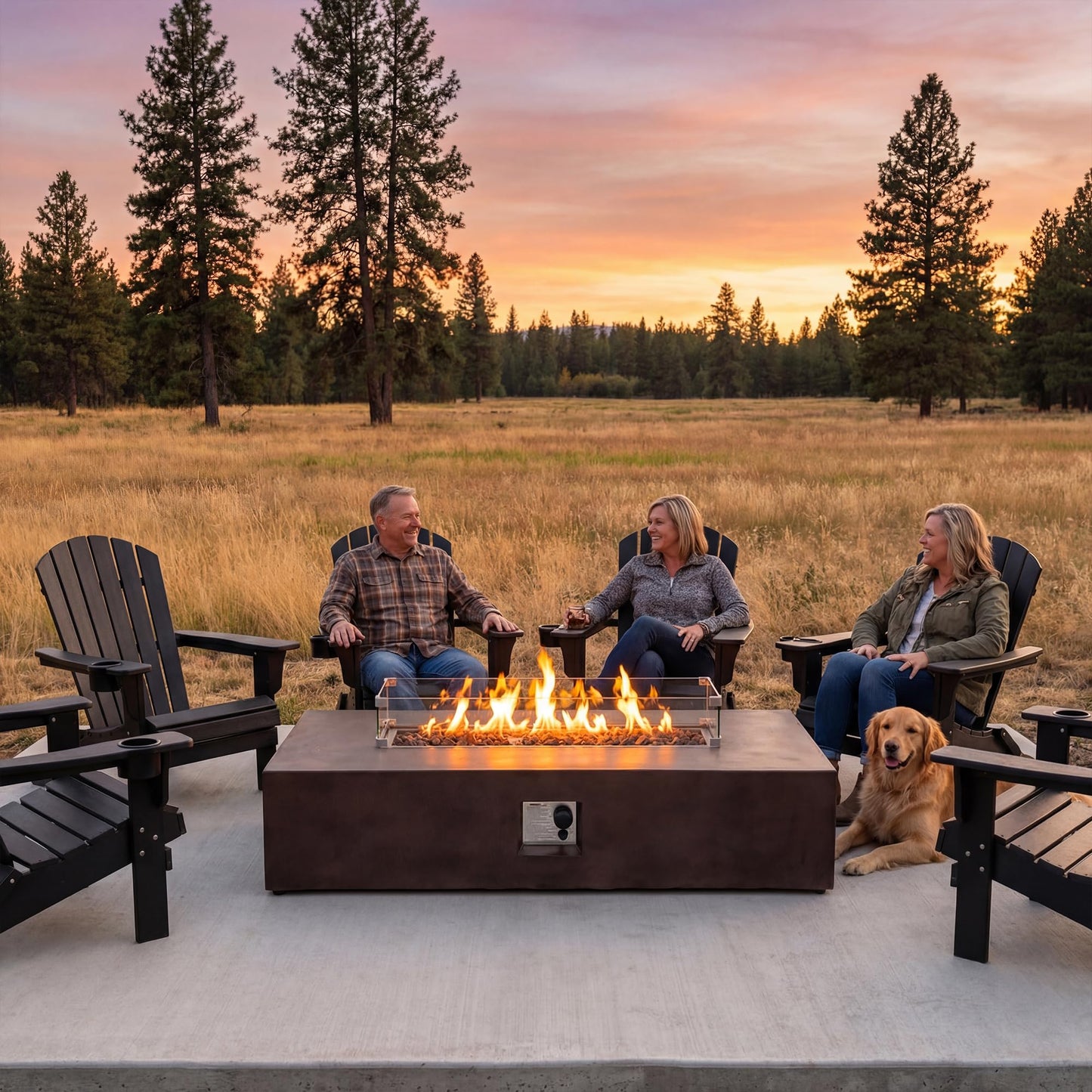 COSIEST 2-Piece Outdoor Propane Fire Table Set, Rectangle Concrete 56" x 28" Bronze Fire Pit (Certified, 50,000 BTU) w 20lb Tank Table, Wind Guard, Waterproof Cover for Garden, Porch, Backyard