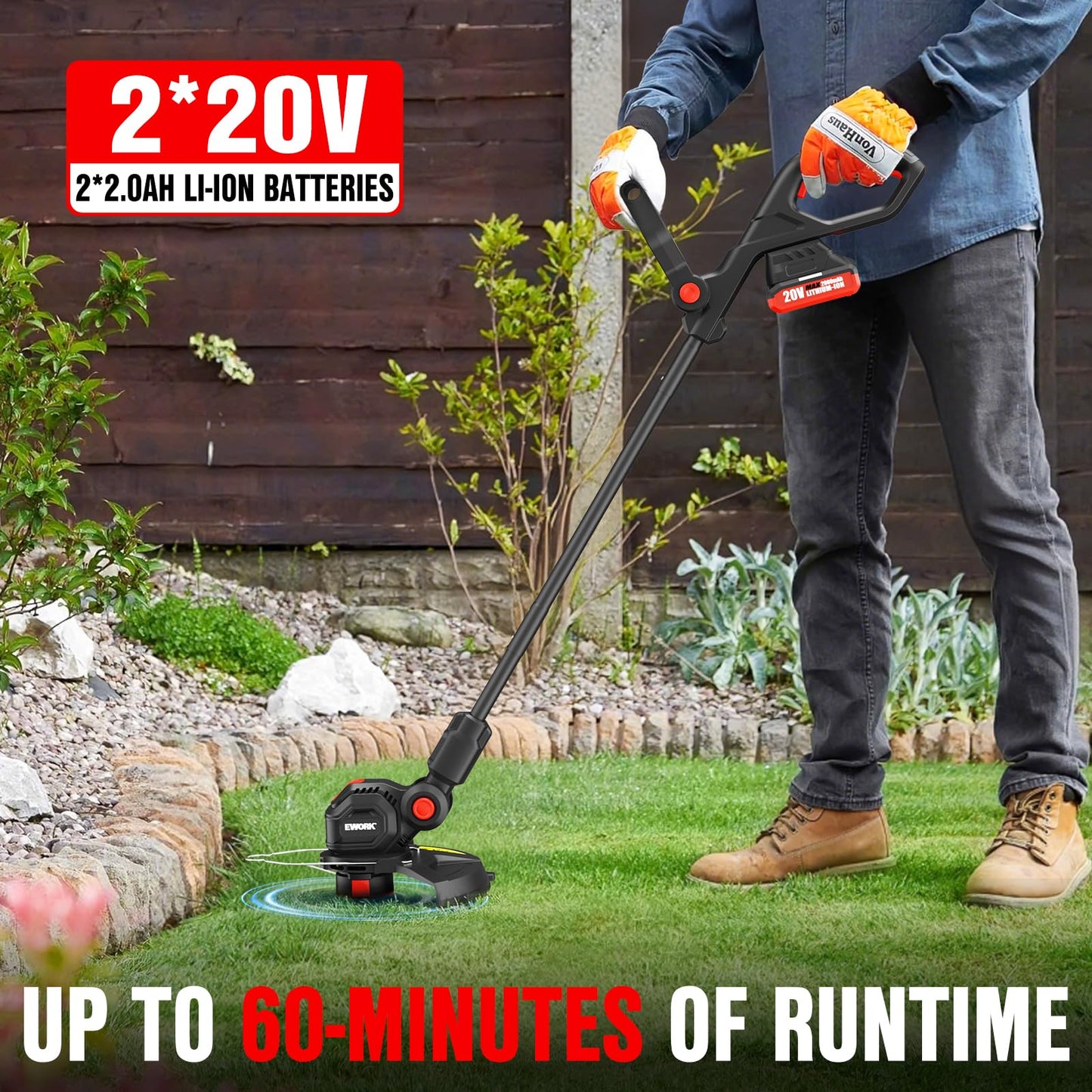 EWORK Weed Wacker Cordless 20V 12-Inch Weed Eater Battery Powered with 2×2.0Ah Batteries & Fast Charger Electric Weed Trimmer, Lightweight String Trimmer for Lawn Trimmer and Grass Edger Cutter