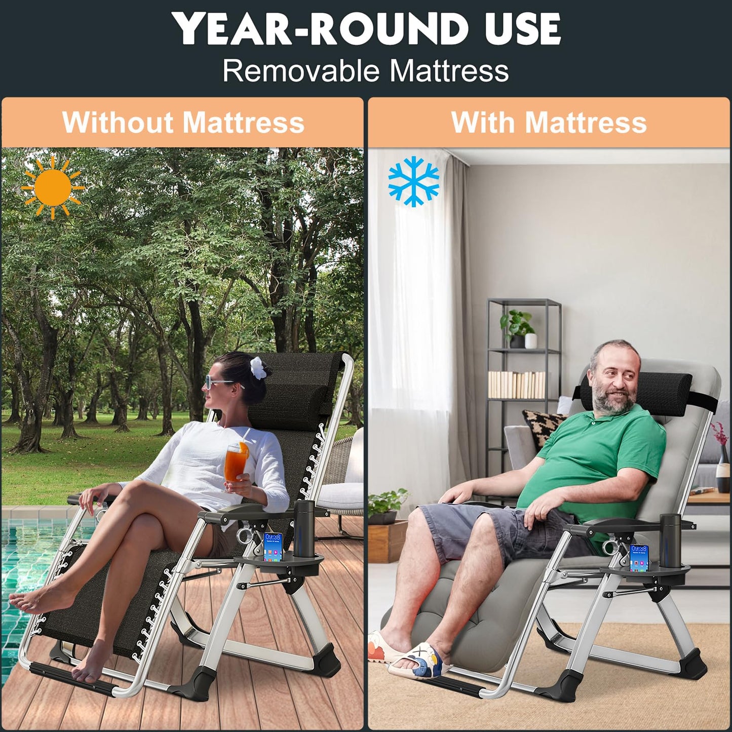 MOPHOTO Zero Gravity Chair, Outdoor Padded Lounge Chair with Side Table, Zero Gravity Recliner Chair, Outdoor Reclining Chair, Sturdy & Comfortable, Supports up to 440lbs