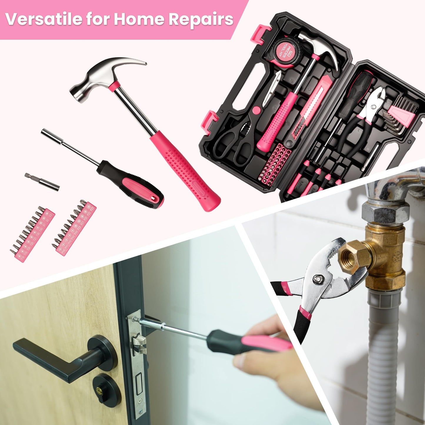 50-Piece Pink Tool Set for Women, Household Small Tool Set with Storage Toolbox for Home Repairs, Hand Tool Kit for College, Dorm, Office