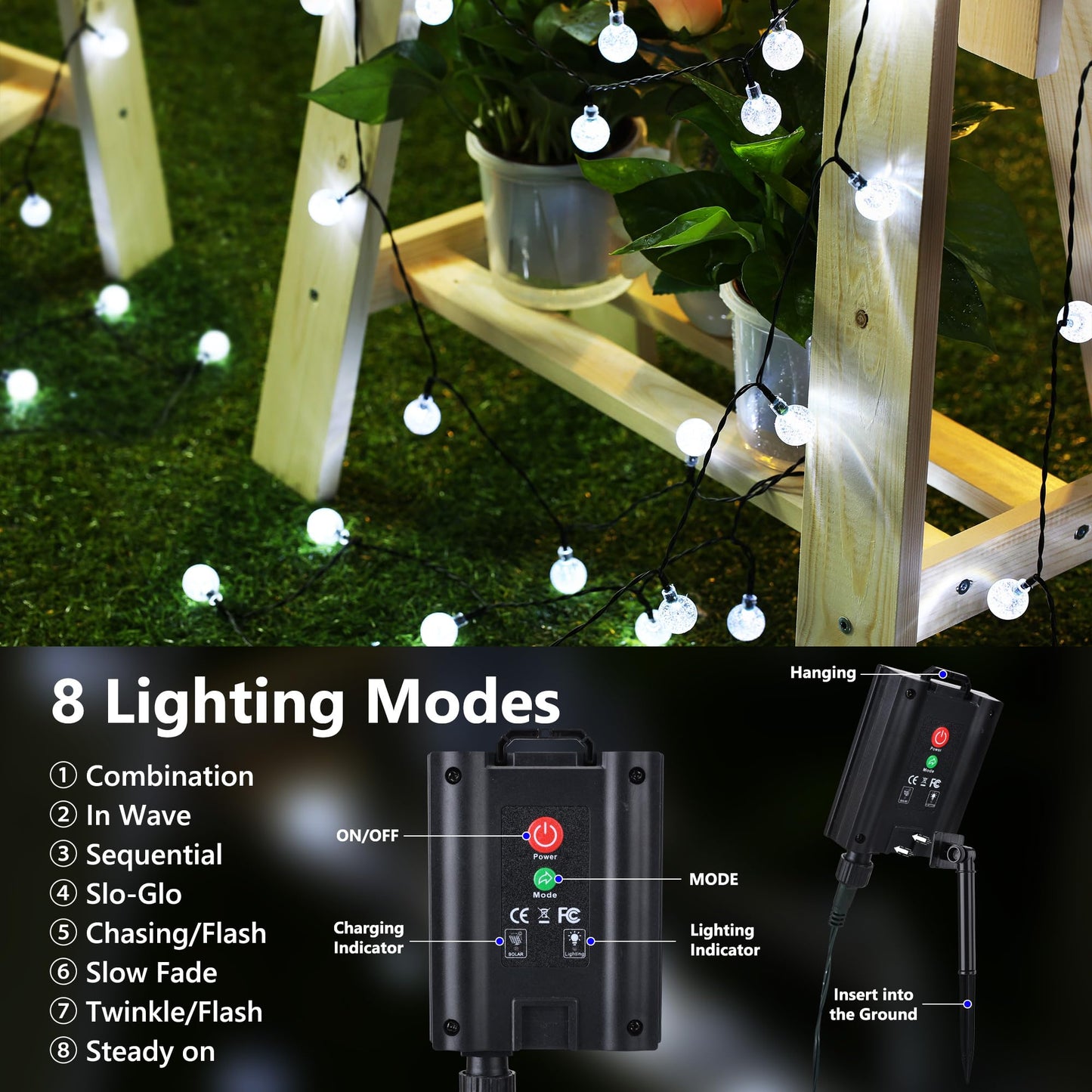 Joomer Solar String Lights Outdoor, 65FT 100LED Globe String Lights 8 Lighting Modes, Waterproof Solar Powered Patio Light for Garden Yard Porch Wedding Party Outdoor Decor (White)