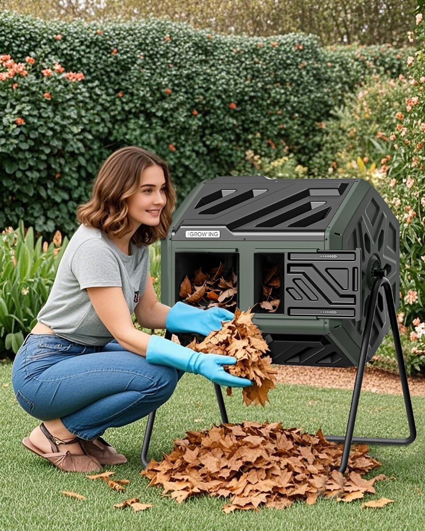 THEGROW'ING 43 Gallon Dual Chamber Compost Bin with Built-in Nuts, Outdoor Rotating Composter Tumbler for Garden Backyard, Green