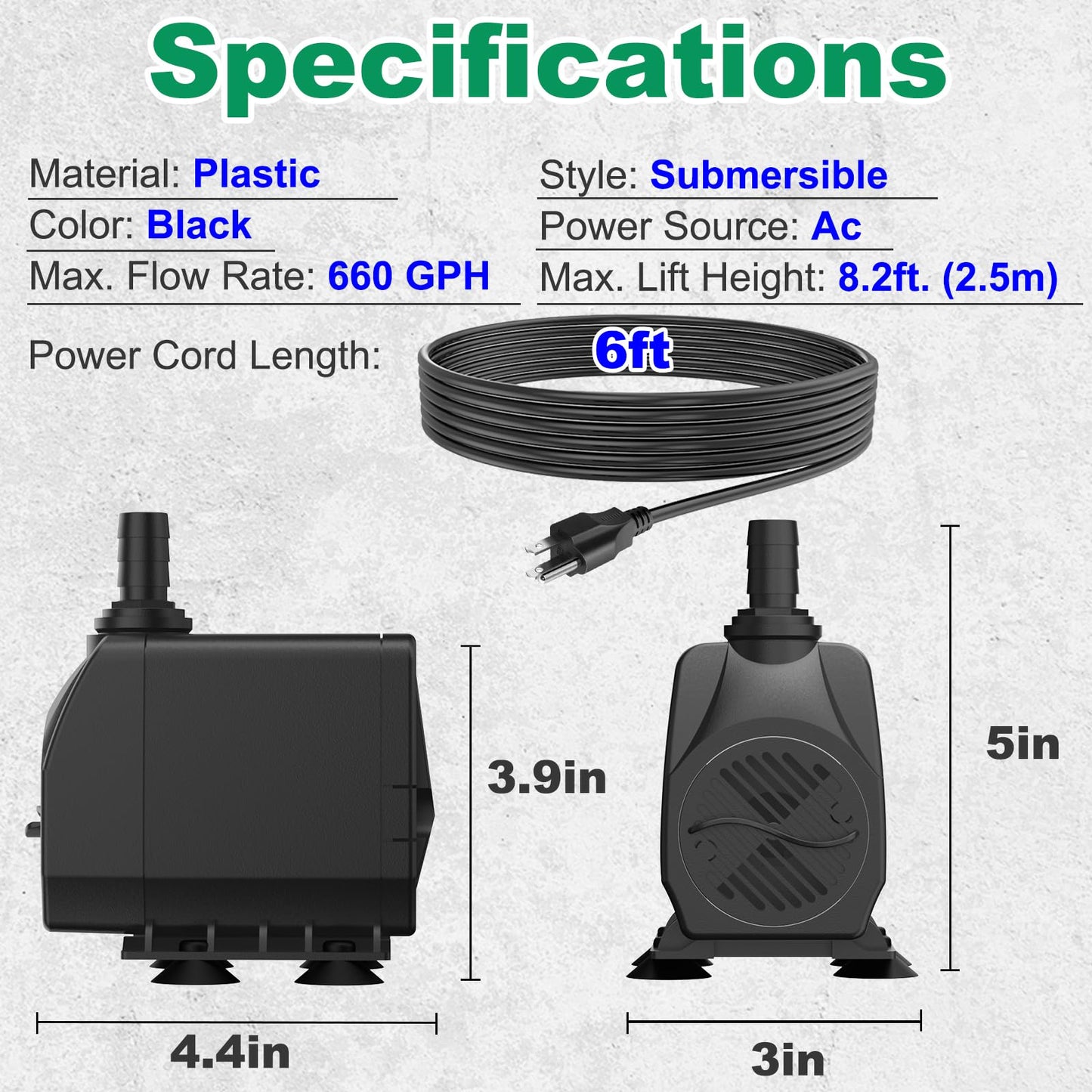 Knifel Submersible Water Pump, Ultra Quiet 660GPH (2500L/H 45W) Fountain Pump with Over Heating Protection 8.2ft High Lift, Pond Pump for Fish Tank, Pond, Aquarium, Statuary, Hydroponics