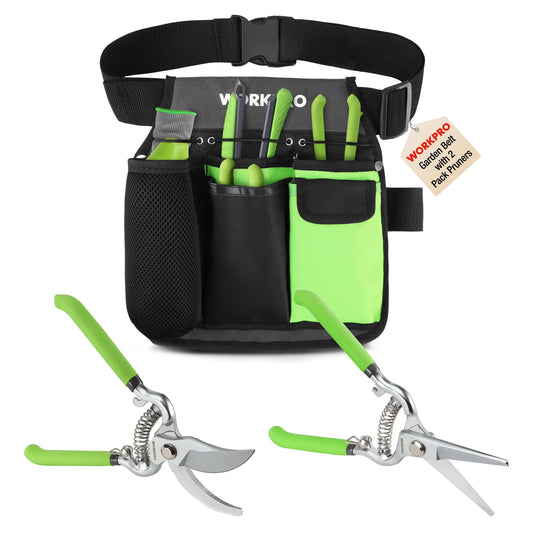 WORKPRO 2-Piece Pruning Shears and Garden Tool Belt Set, Gardening Belt with 5 Pockets and Adjustable Waist Belt, 8" Bypass Garden Shears and 8'' Handing Pruner with Steel Straight Blade