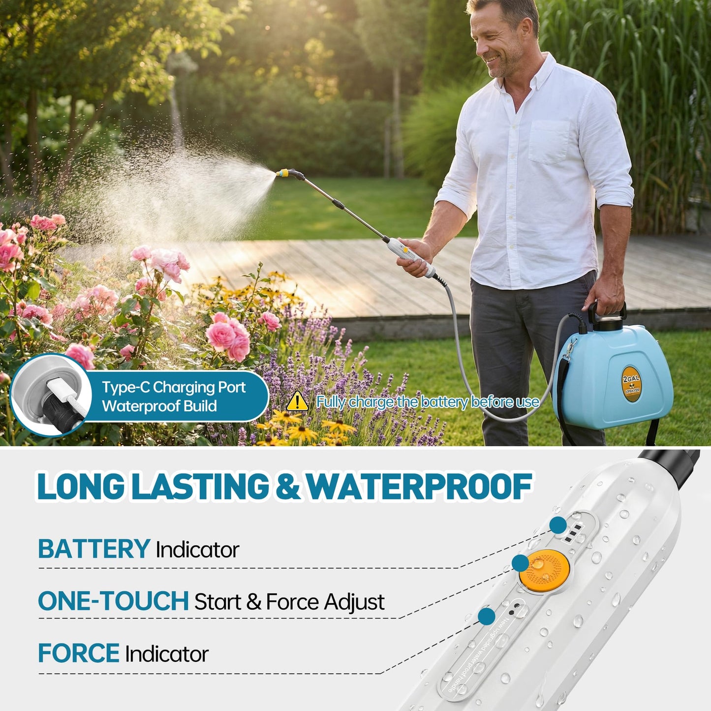 Battery Powered Sprayer, 2 Gallon Electric Sprayer Battery Operated with 4 Mist Nozzles, 2 Speeds, Battery Indicator, 41" Telescopic Wand, Rechargeable Handle, Weed Sprayer for Lawn Garden Yard