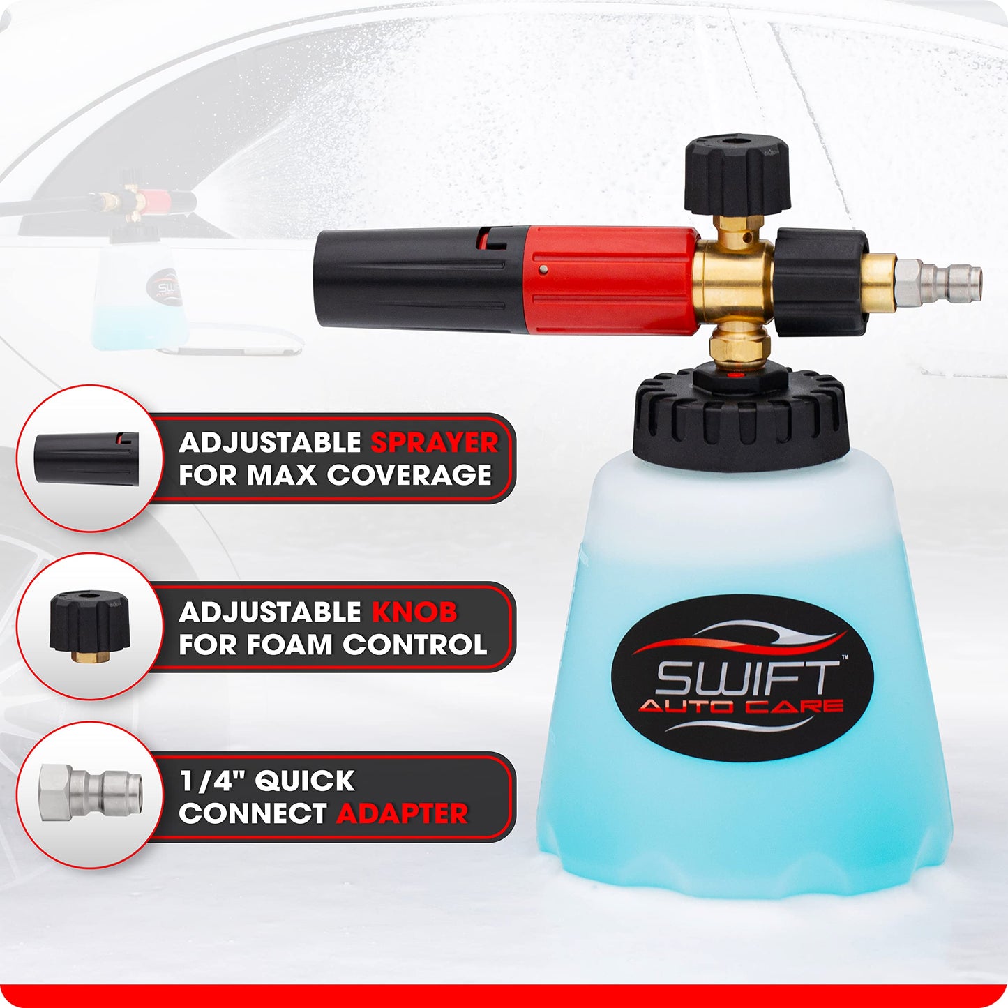 Swift Premium Foam Cannon for Pressure Washer – Heavy Duty Foam Sprayer for Car Wash | ¼ Inch Quick Connector | Adjustable Wide Mouth for Extra Thick Snow Foam | Holds 1 Liter of Soap!