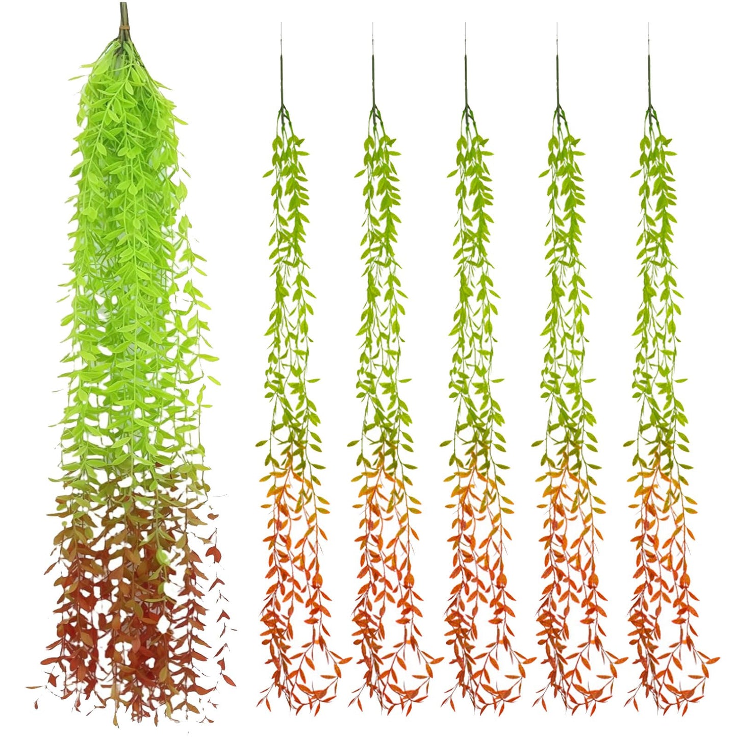 AQUGOO 5 Pcs Artificial Green Leaves Vines,Hanging Plants,Fake Vines Plastic Ivy,Wedding Wreaths, Indoor and Outdoor, Garden,Ladder Stand Decorations (Red-Tailed)