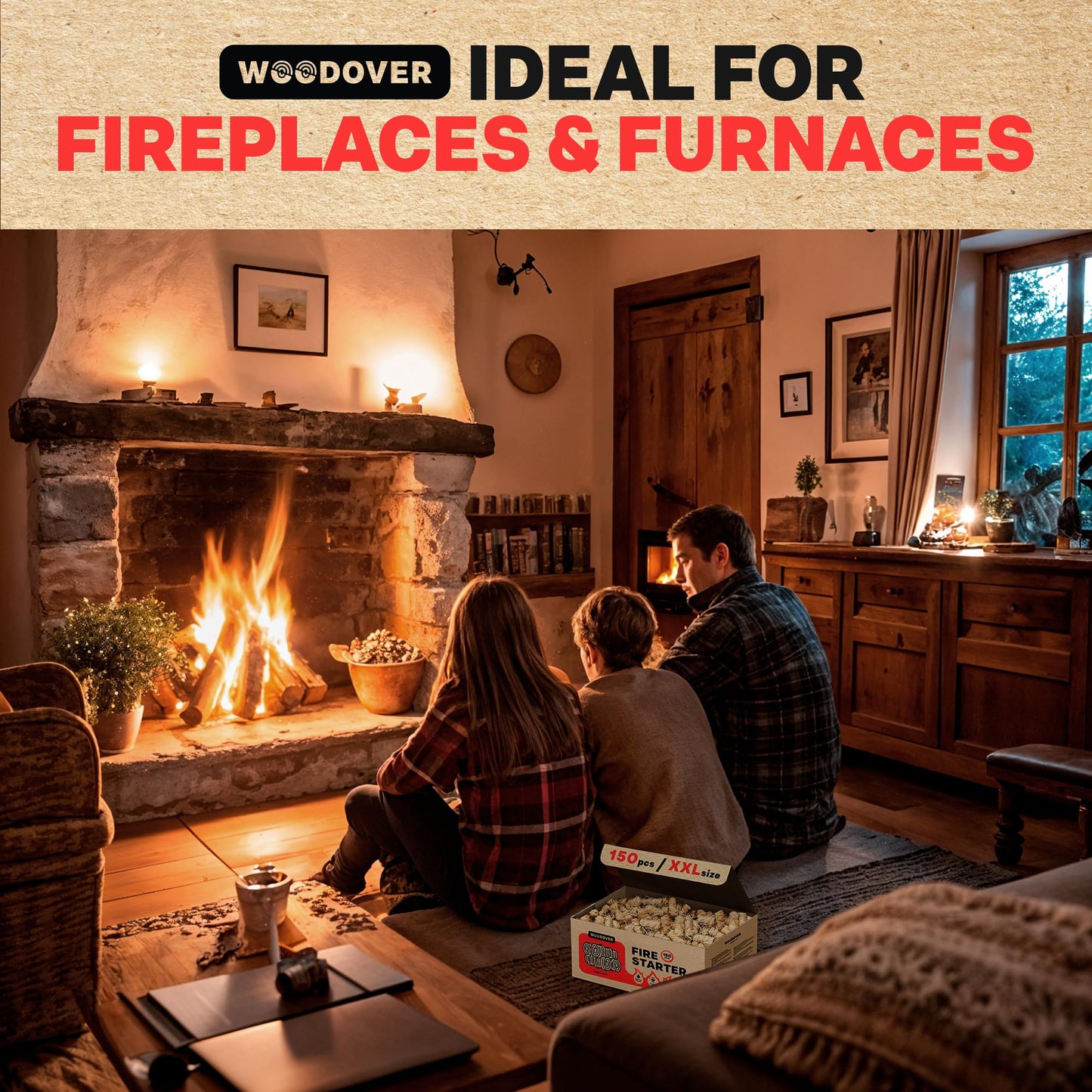 150 pcs Large Fire Starters for Fireplace, Natural Fire Starter for Campfires, for Wood Stove, BBQ, Grill, Pizza Oven, Outdoor Fire Pit, Chimney Charcoal Starter