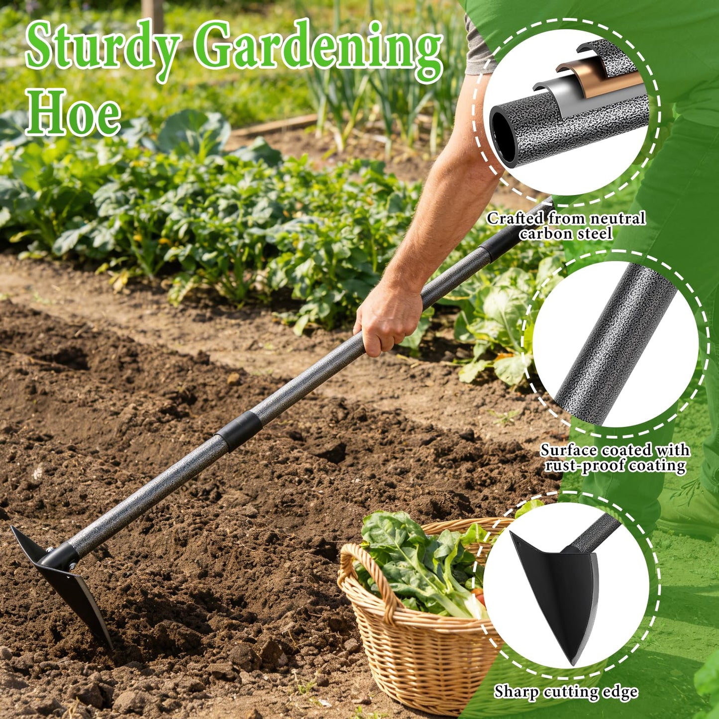 CALCHELE Garden Hoe, Heavy Duty Trenching Hoes with Adjustable Long Handle 30-72 Inch, Sharp Edge Triangle Weeding Hoe Garden Tools for Weeds Removal,Cultivating,Digging,Loosen Soil, Trenching